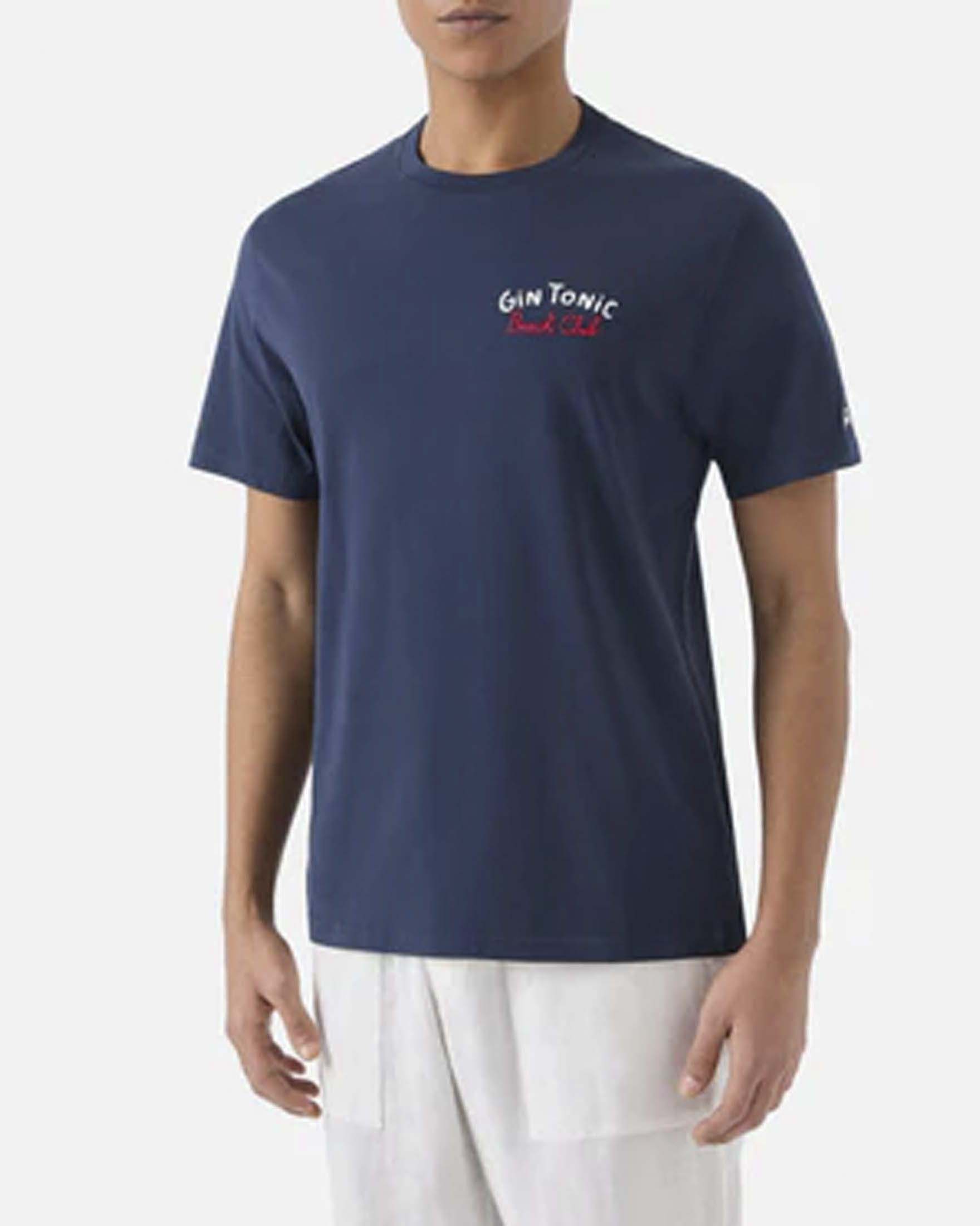 T-shirt blu mezza manica con maxi ricamo Gin Tonic Beach Club sul retro