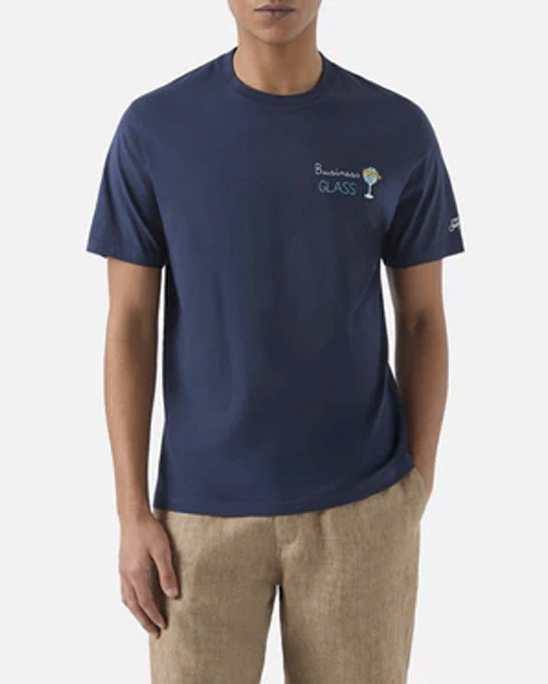 T-shirt blu mezza manica con ricamo Business Glass sul petto