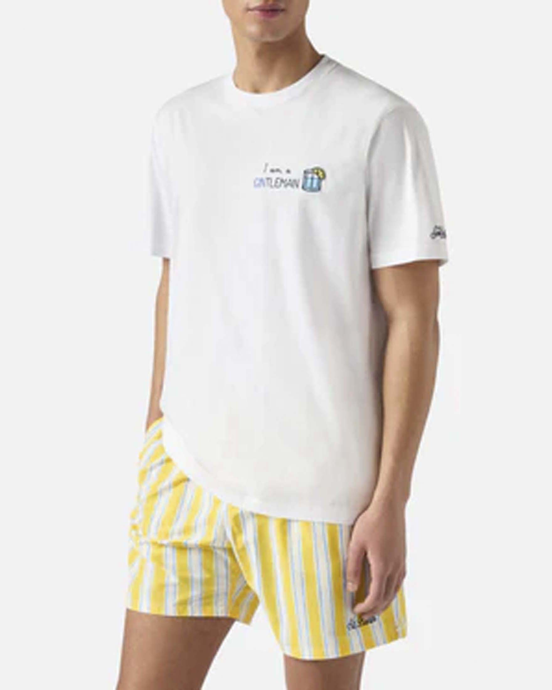 T-shirt bianca mezza manica con ricamo I am a Gintleman sul petto