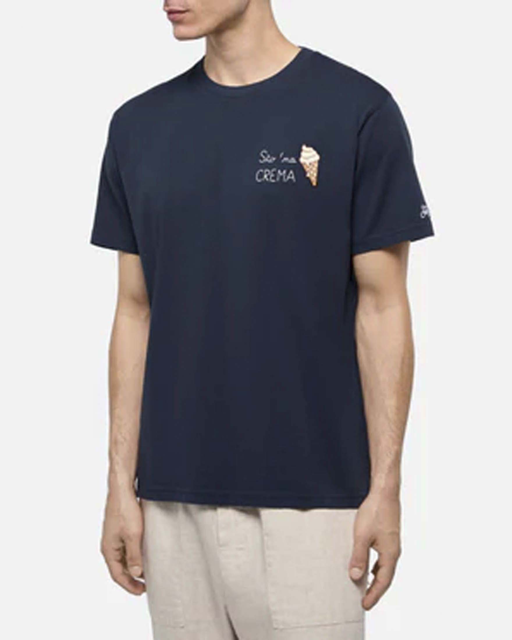 T-shirt blu mezza manica con ricamo Sto 'Na Crema sul petto