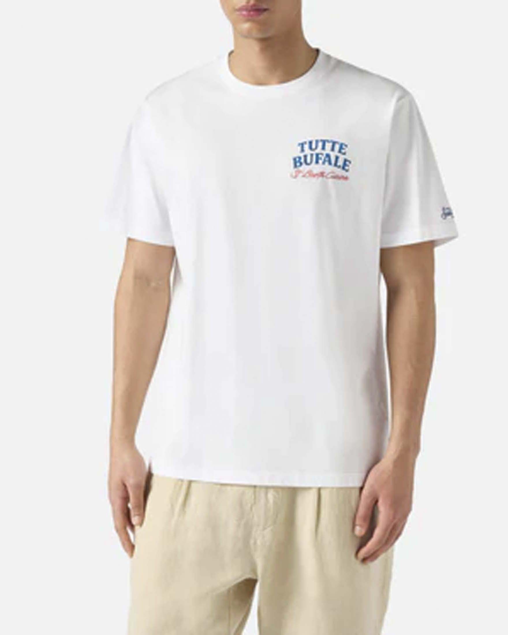 T-shirt bianca mezza manica con maxi stampa Tutte Bufale sul retro
