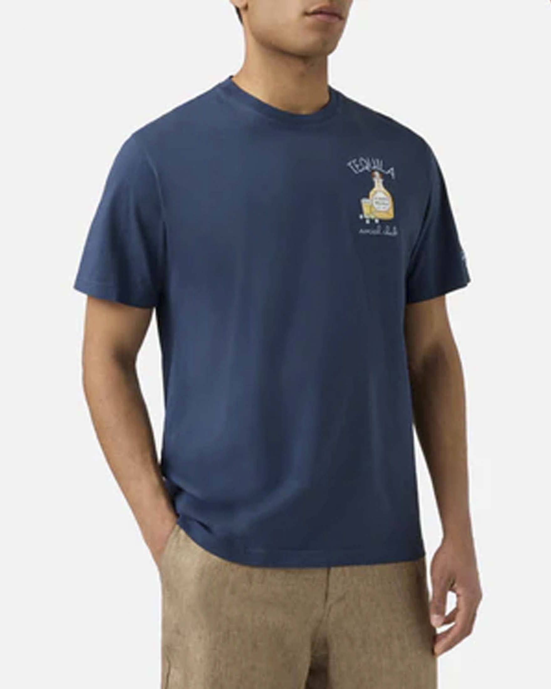 T-shirt blu mezza manica con ricamo Tequila Social Club sul petto