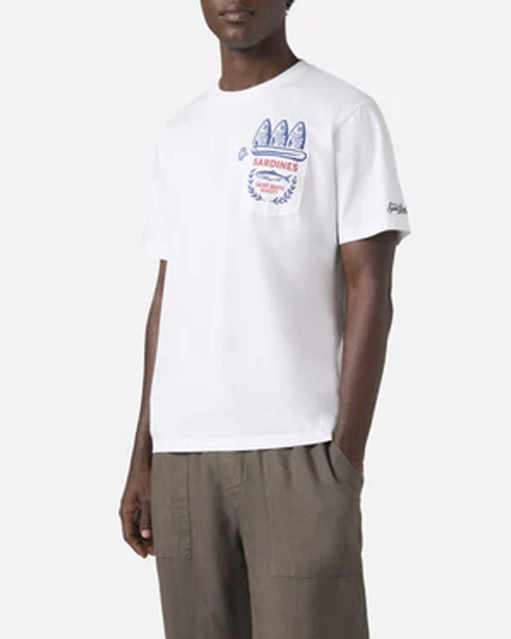 T-shirt MC2 Saint Barth bianca mezza manica con taschino e stampa Sardines