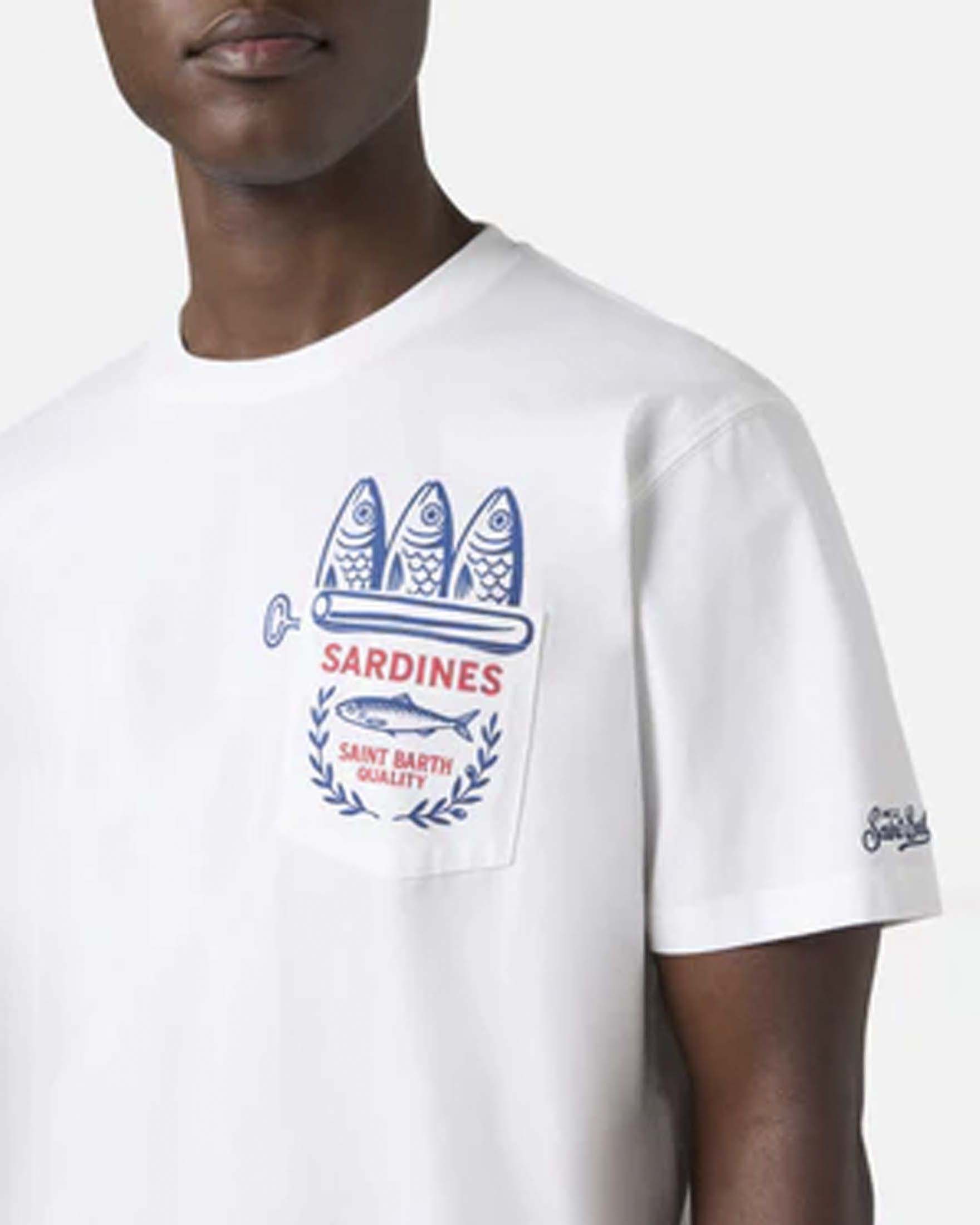 T-shirt MC2 Saint Barth bianca mezza manica con taschino e stampa Sardines image