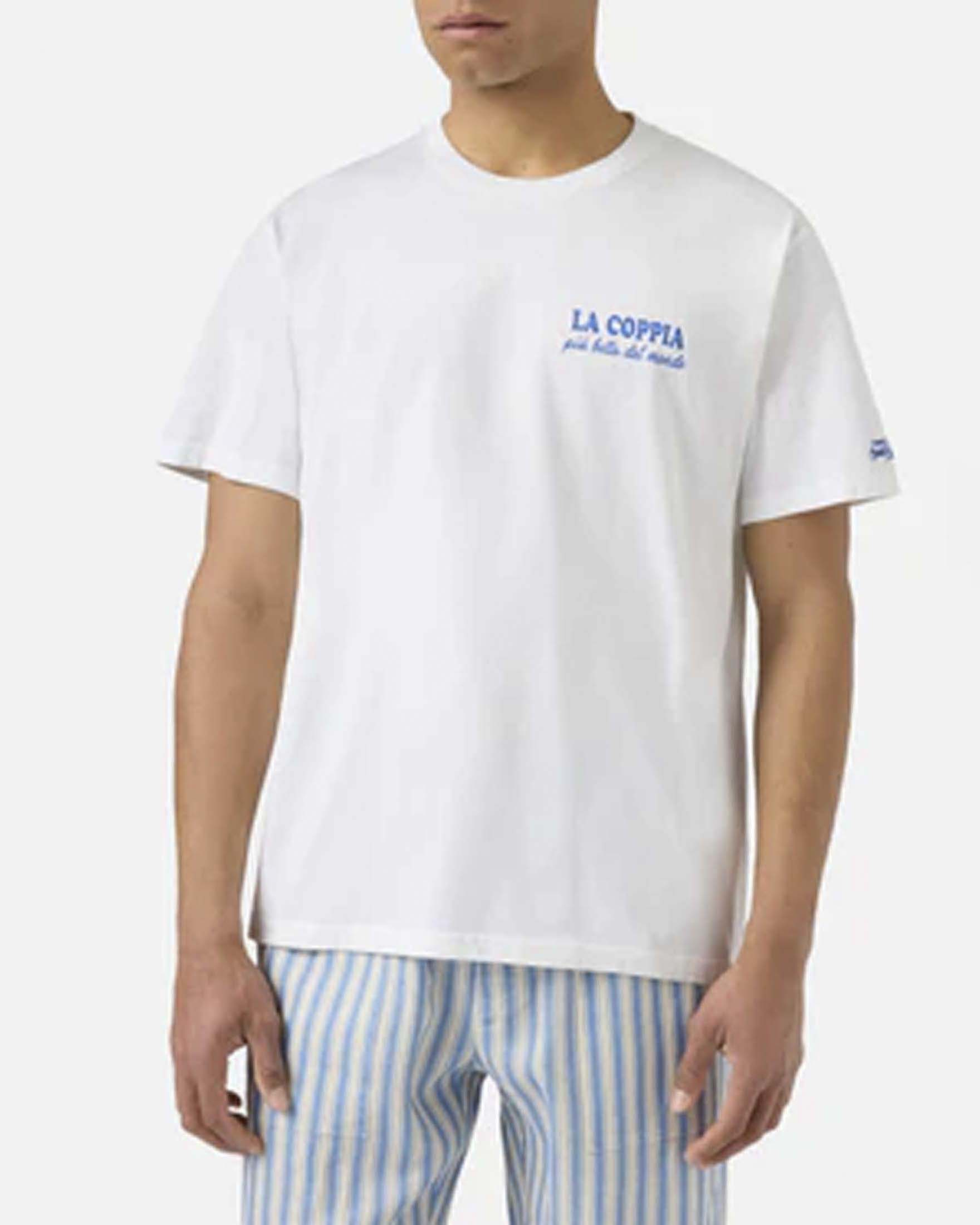 T-shirt bianca mezza manica con maxi stampa La Coppia Più Bella Del Mondo sul retro