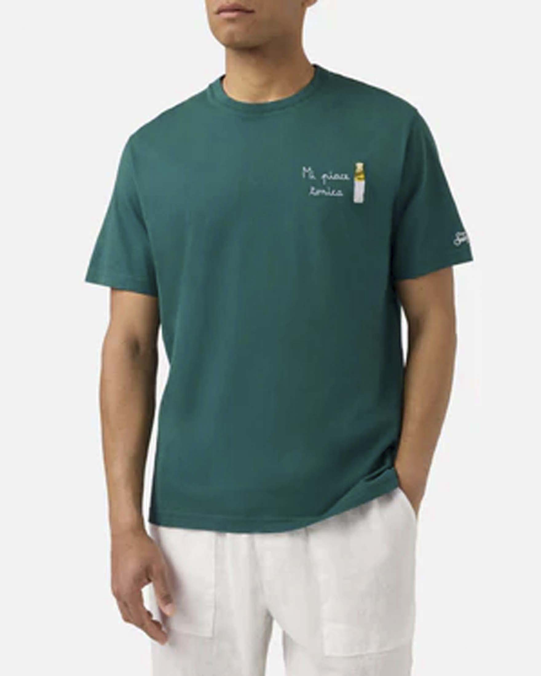 T-shirt verde mezza manica con ricamo Mi piace Tonica sul petto