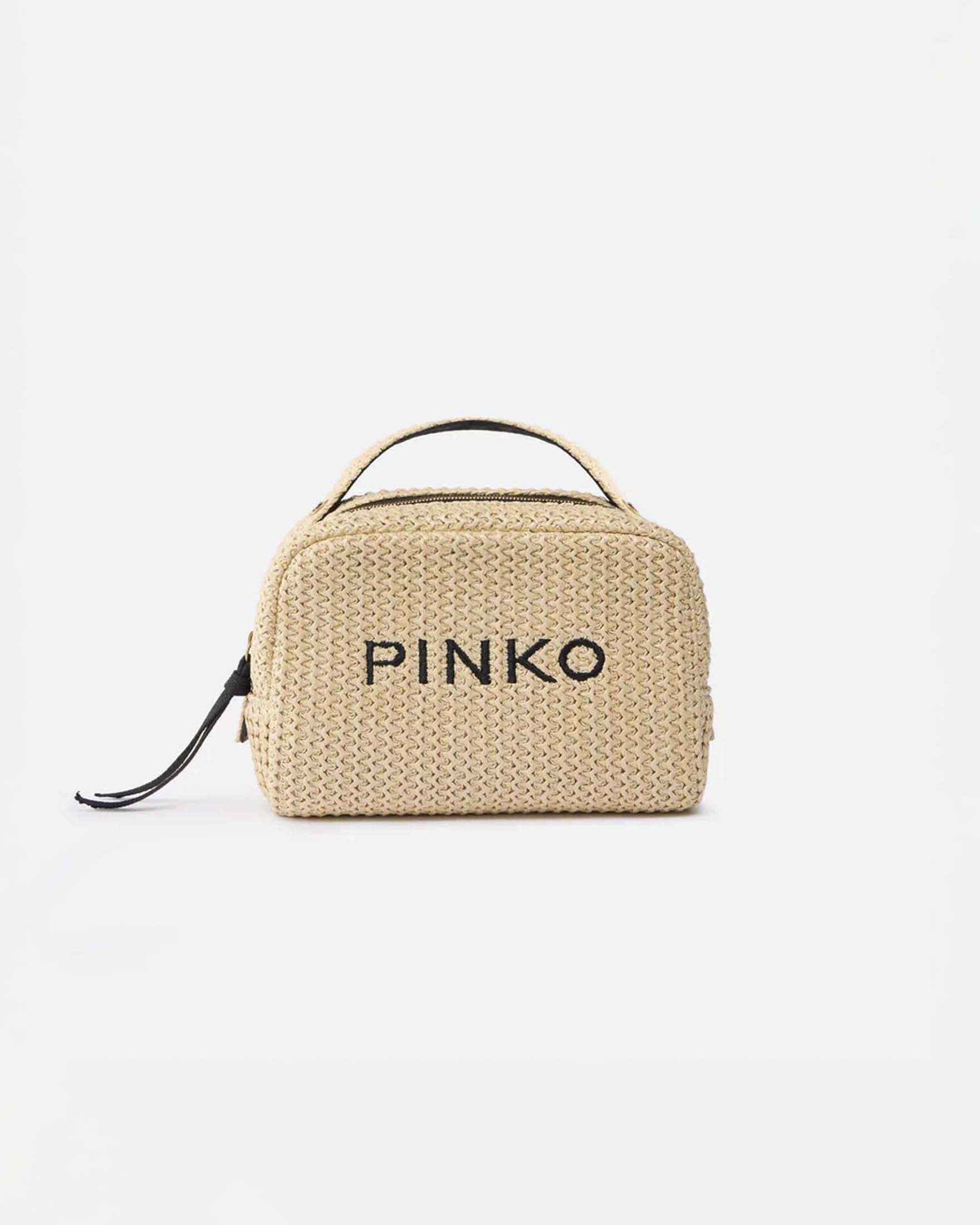 Beauty bag rettangolare Pinko in rafia color naturale con pratico manico
