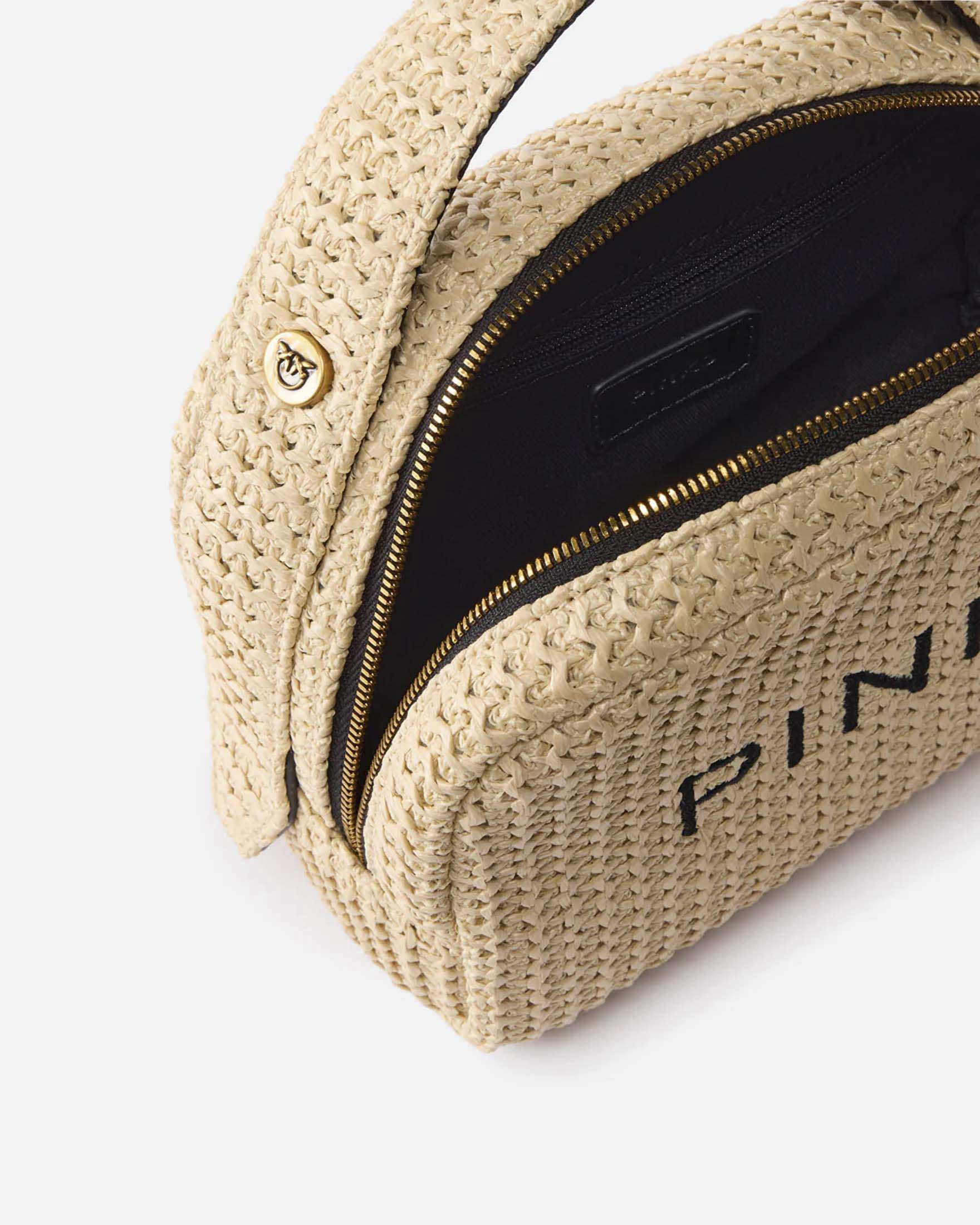 Beauty bag rettangolare Pinko in rafia color naturale con pratico manico image