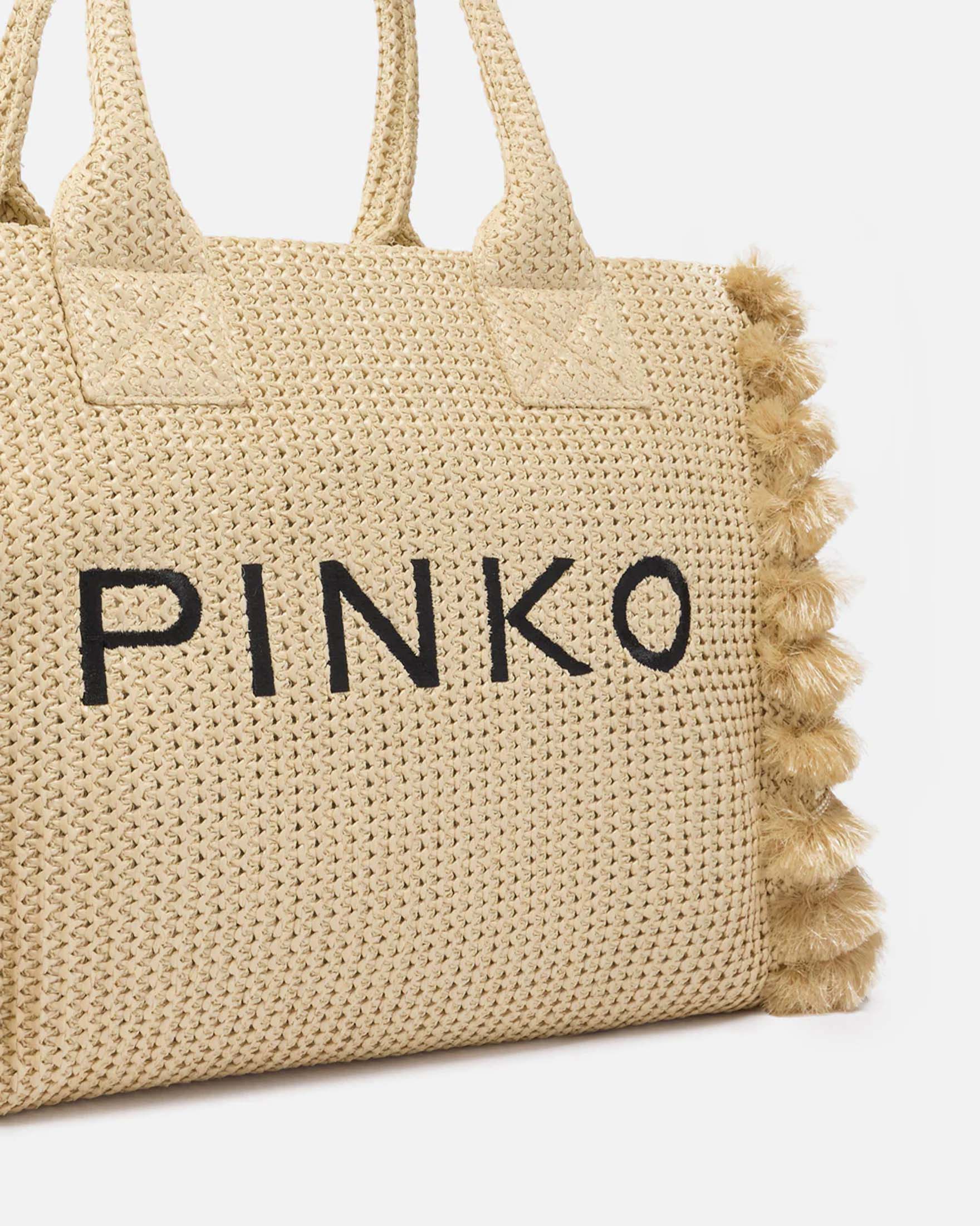 Shopper bag media Beach Pinko beige in rafia con nappine image