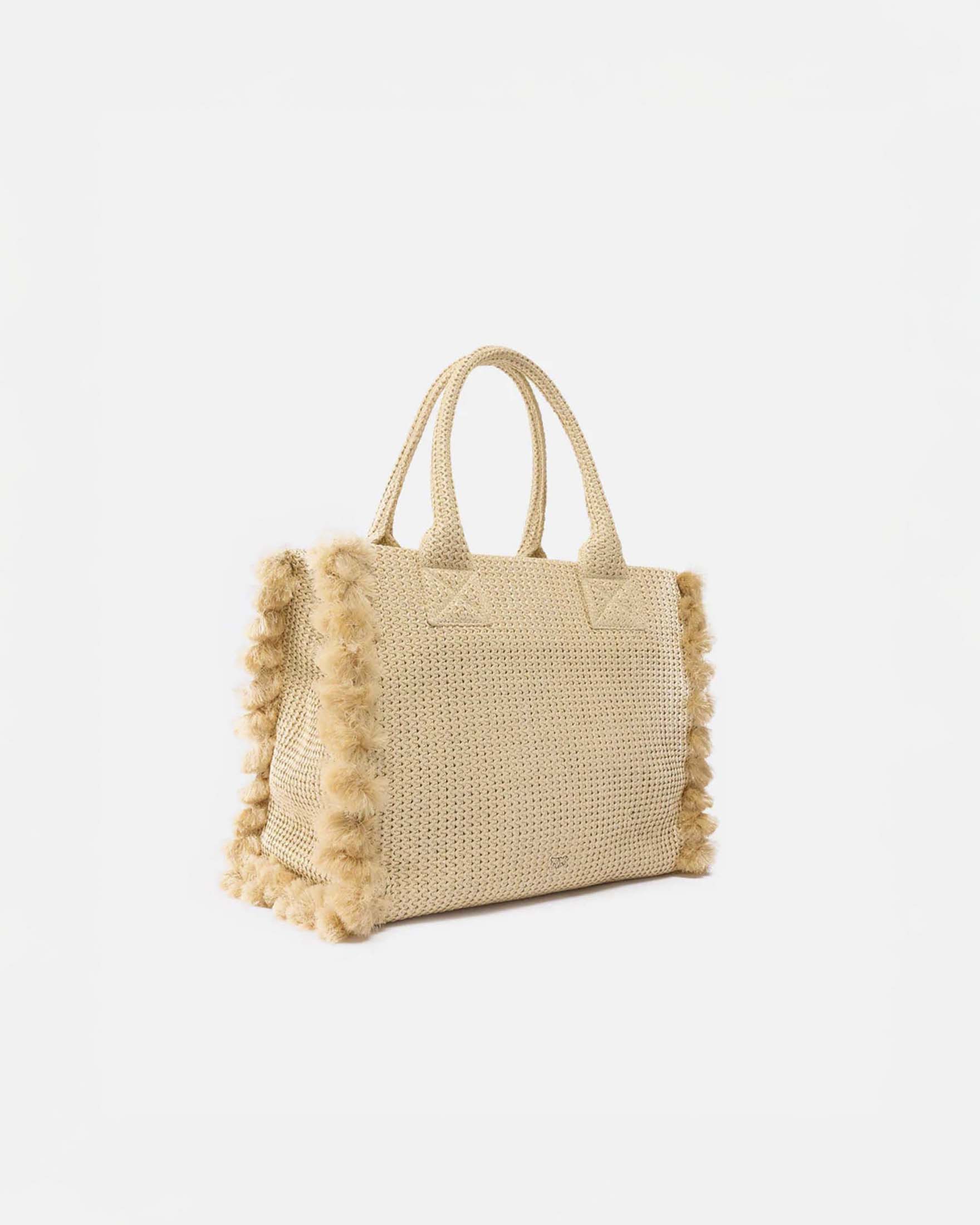 Shopper bag media Beach Pinko beige in rafia con nappine