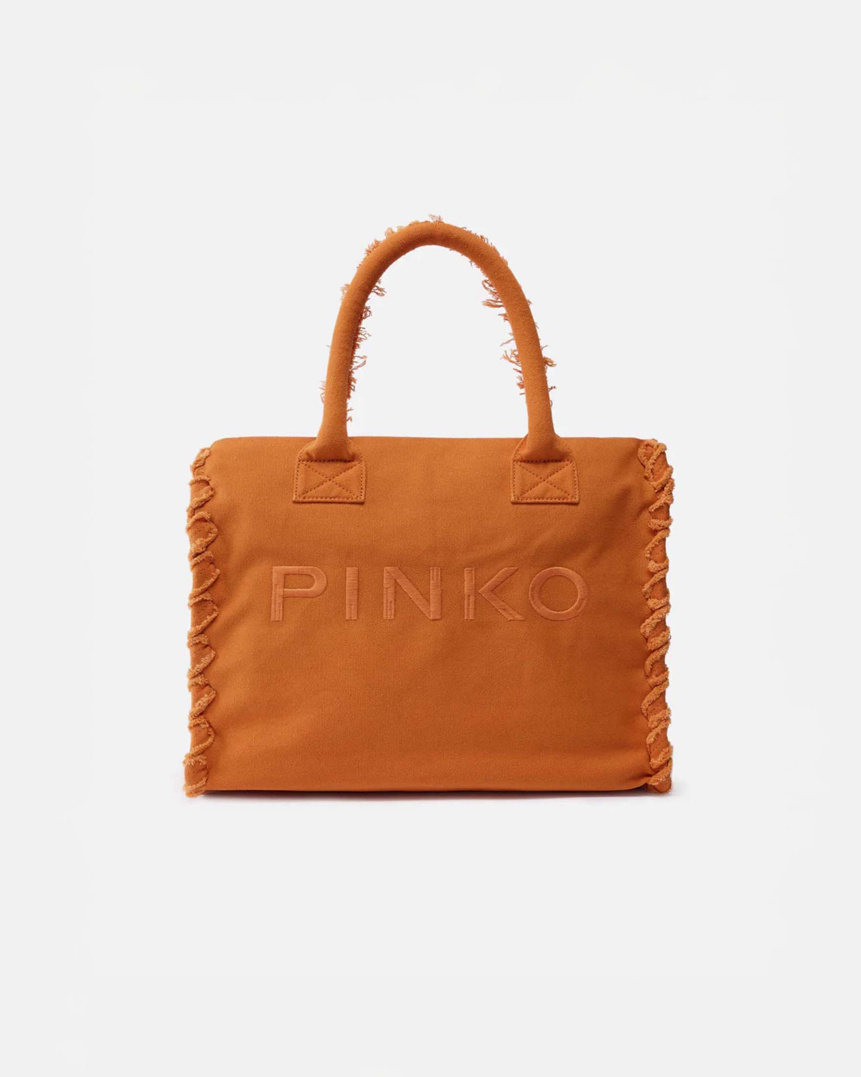  Shopper bag media Beach Pinko color arancione in canvas di cotone con lati sfrangiati