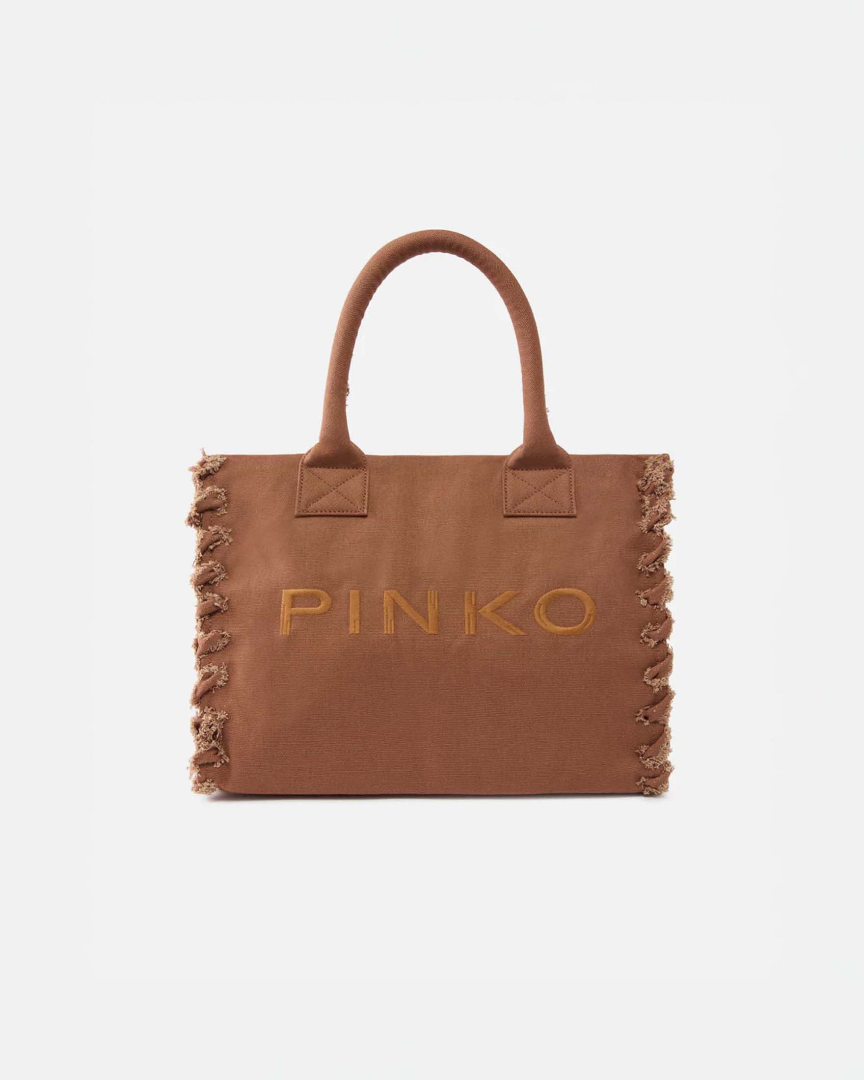 Shopper bag media Beach Pinko beige in canvas di cotone con lati sfrangiati