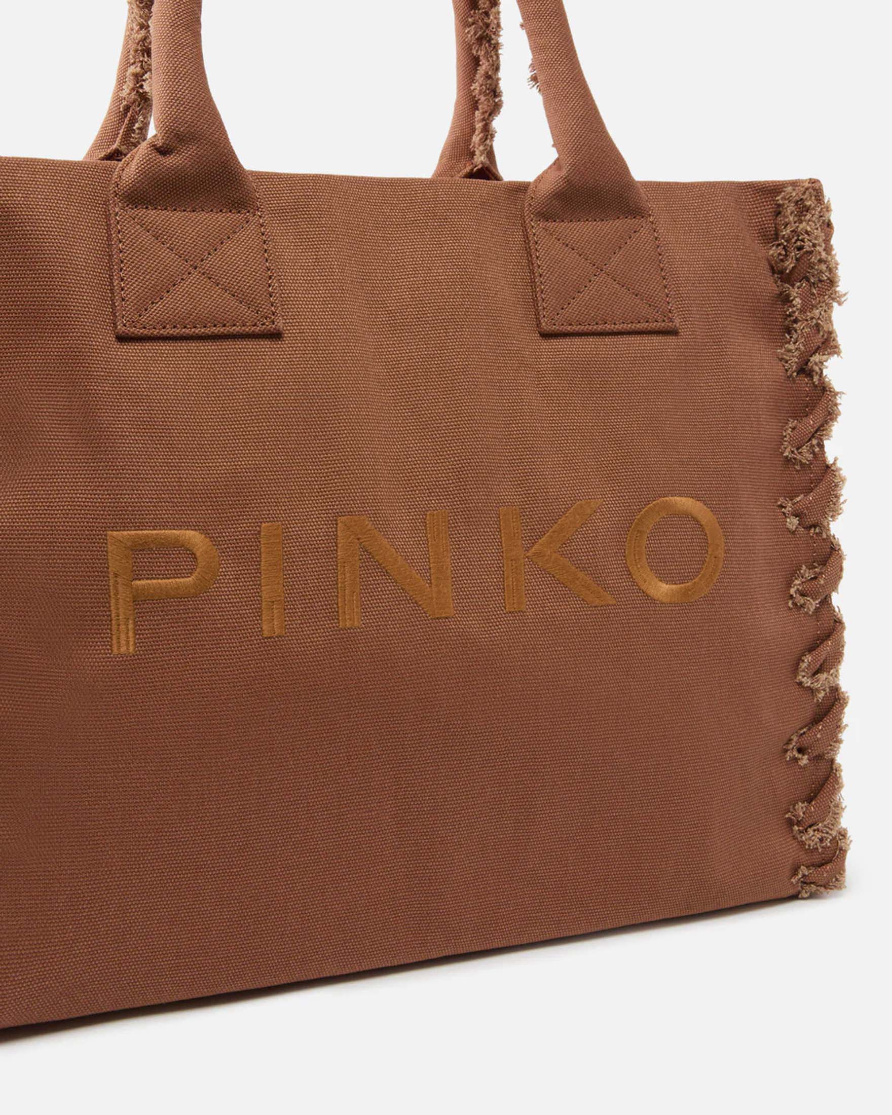  Shopper bag media Beach Pinko beige in canvas di cotone con lati sfrangiati image