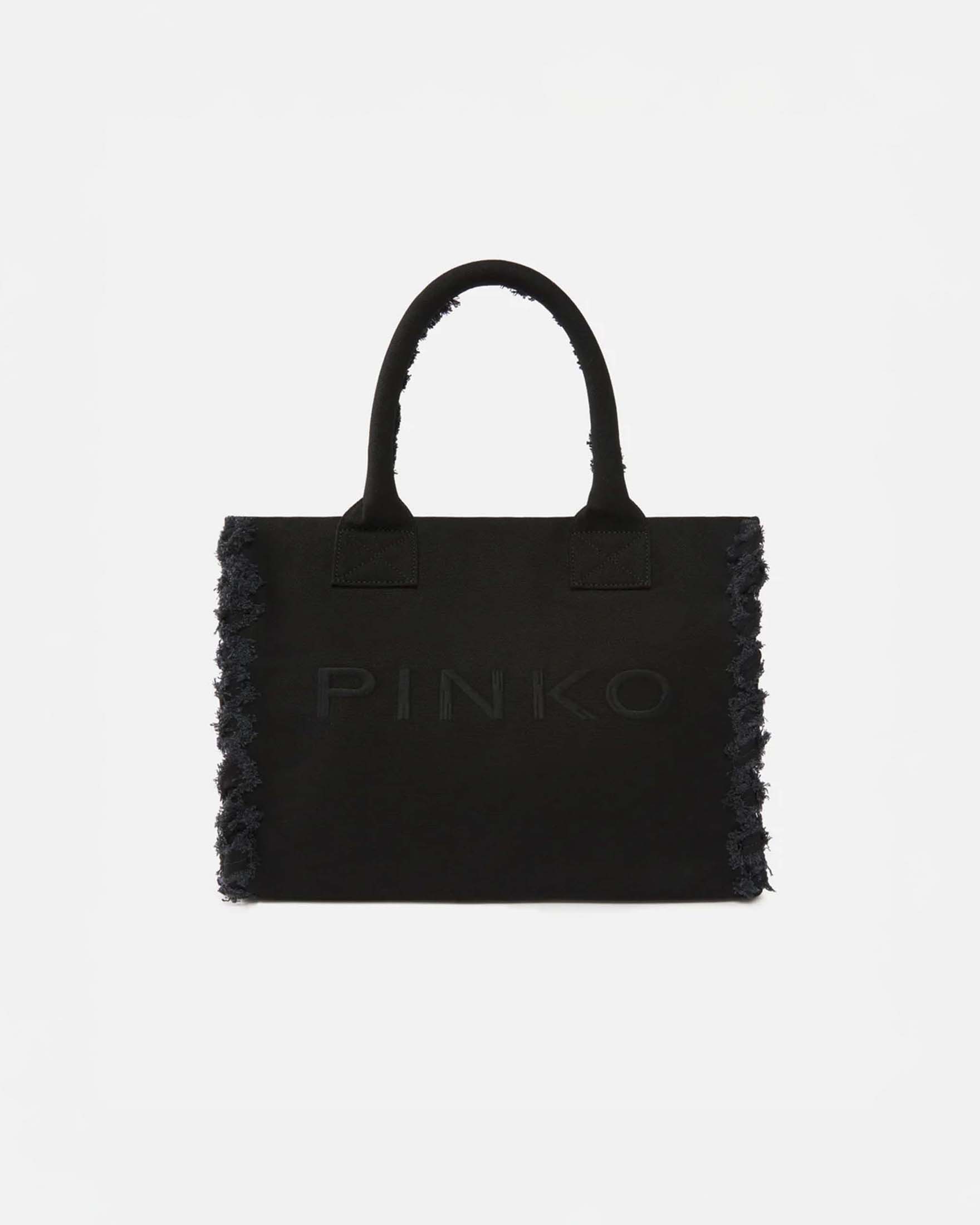Shopper bag media Beach nera in canvas di cotone con lati sfrangiati
