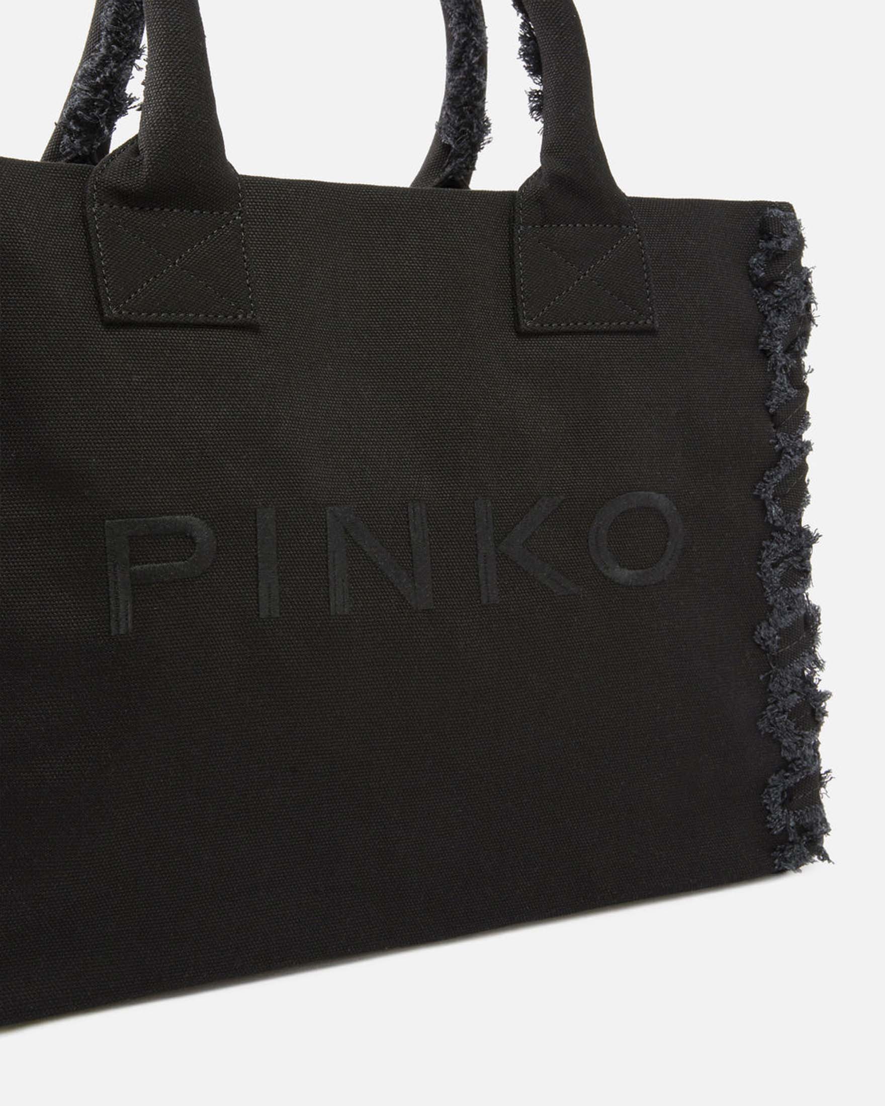  Shopper bag media Beach Pinko nera in canvas di cotone con lati sfrangiati image