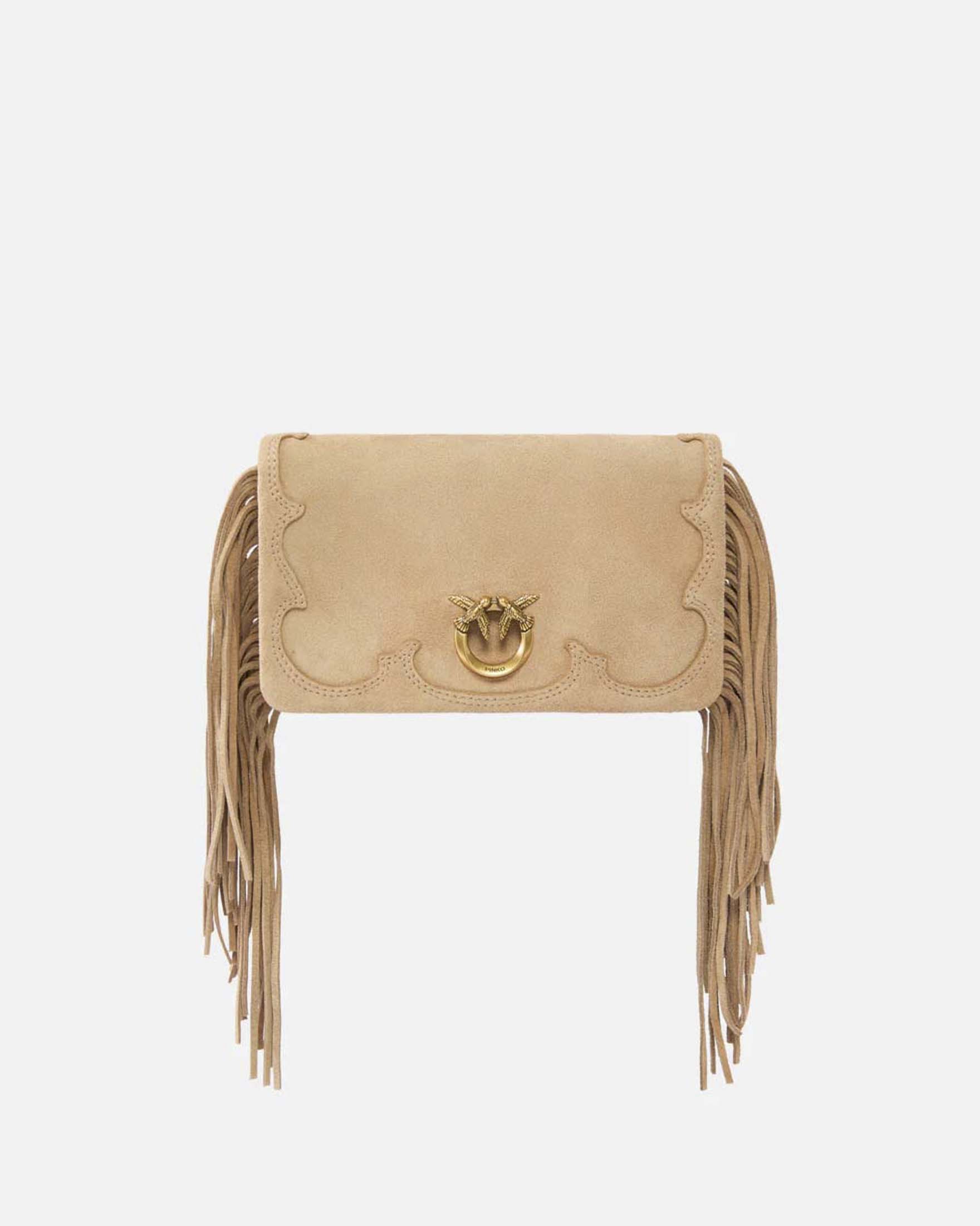 Pochette a tracolla piccola Love Bag Click Soft Horizontal Mini Pinko beige realizzata in pelle scamosciata con frange