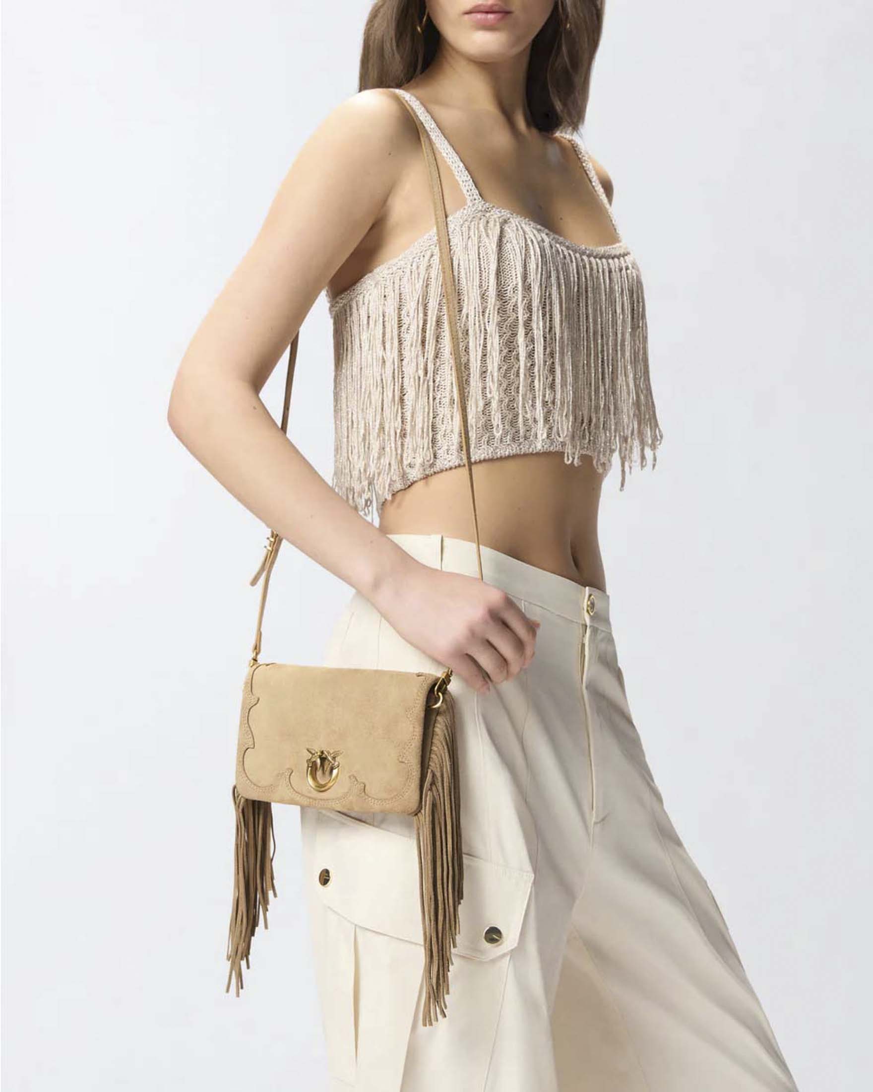 Pochette a tracolla piccola Love Bag Click Soft Horizontal Mini Pinko beige realizzata in pelle scamosciata con frange image