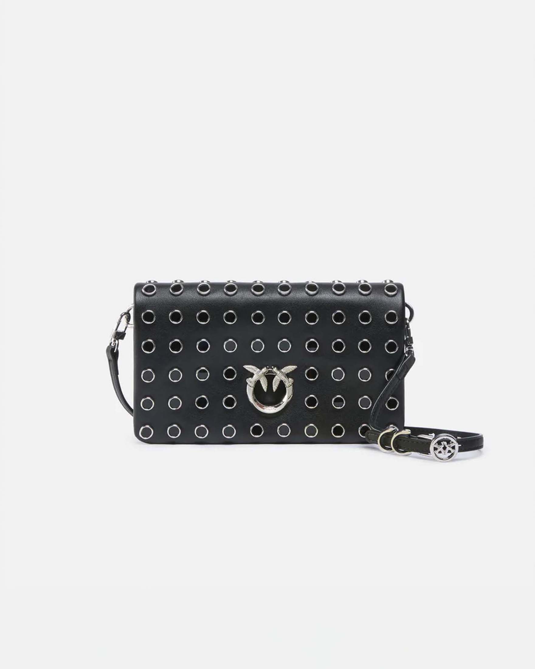 Pochette a tracolla piccola Love Bag Click Soft Horizontal Mini Pinko beige realizzata in pelle con borchie