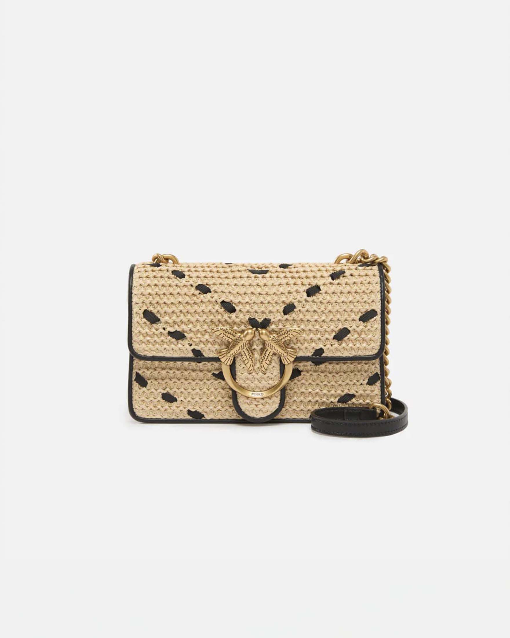 Borsa a spalla Mini Love Bag One Light beige in rafia e pelle