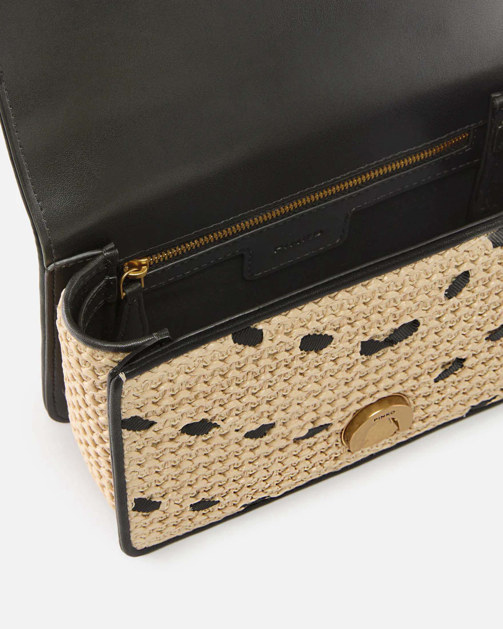 Borsa a spalla Mini Love Bag One Light Pinko beige in rafia e pelle image