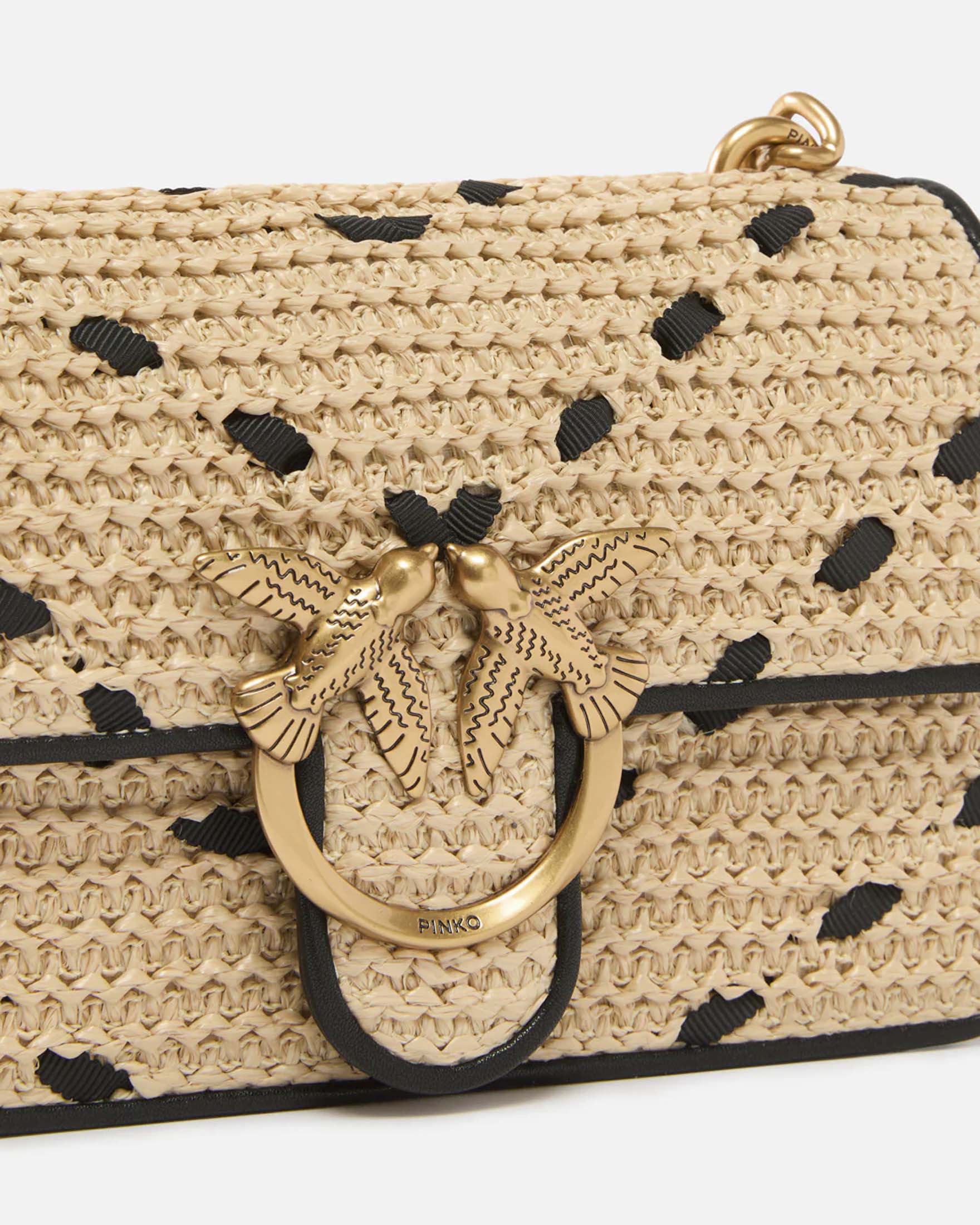 Borsa a spalla Mini Love Bag One Light Pinko beige in rafia e pelle