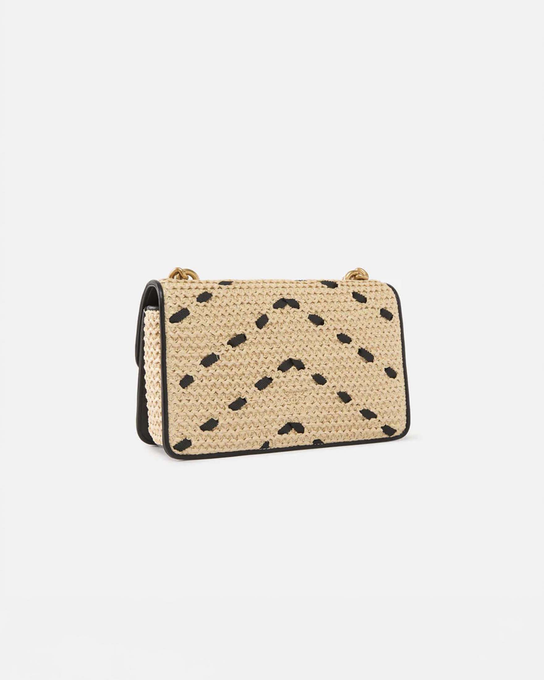 Borsa a spalla Mini Love Bag One Light Pinko beige in rafia e pelle