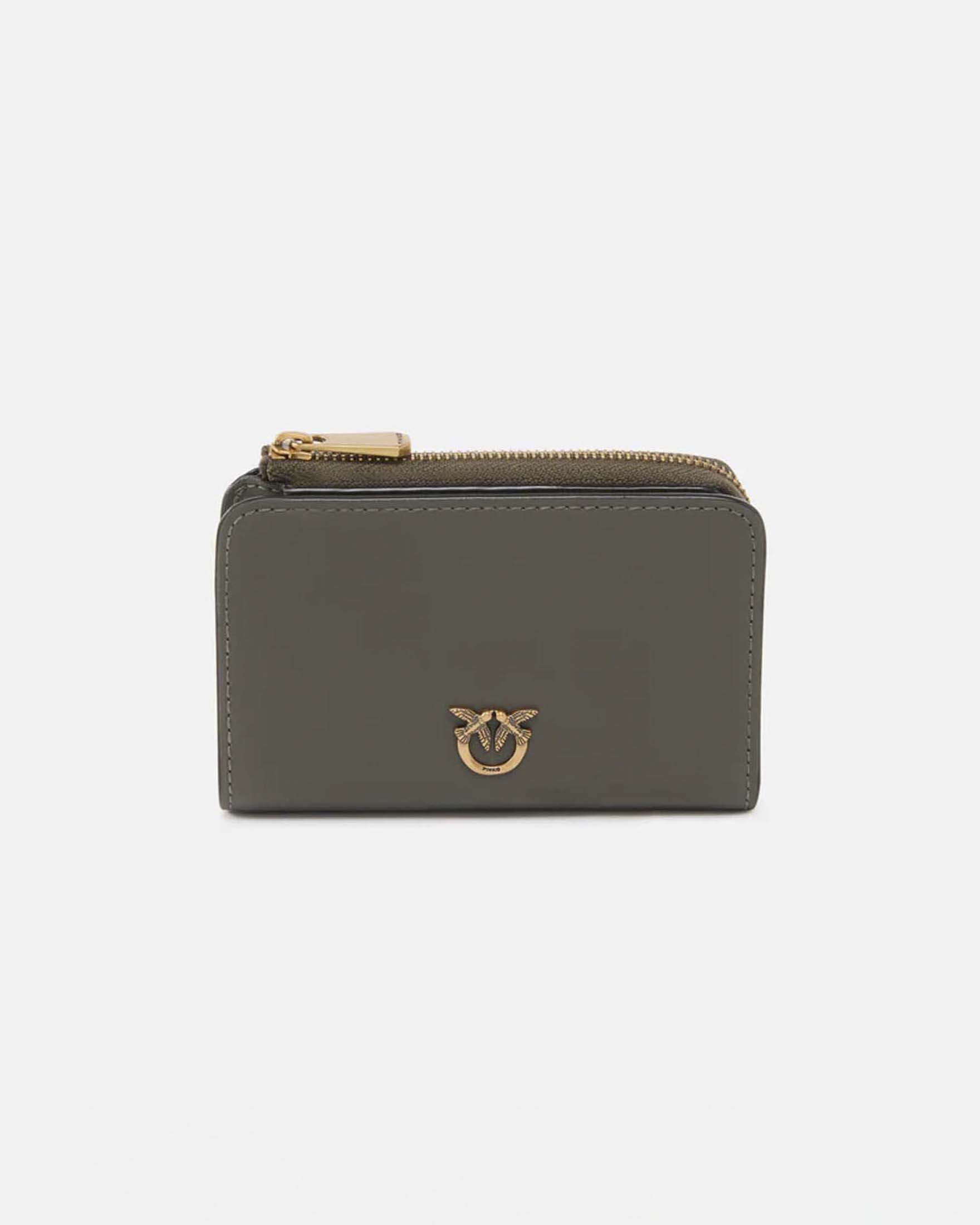 Portafoglio mini in pelle color fango Pinko con zip e logo Love Birds dorato