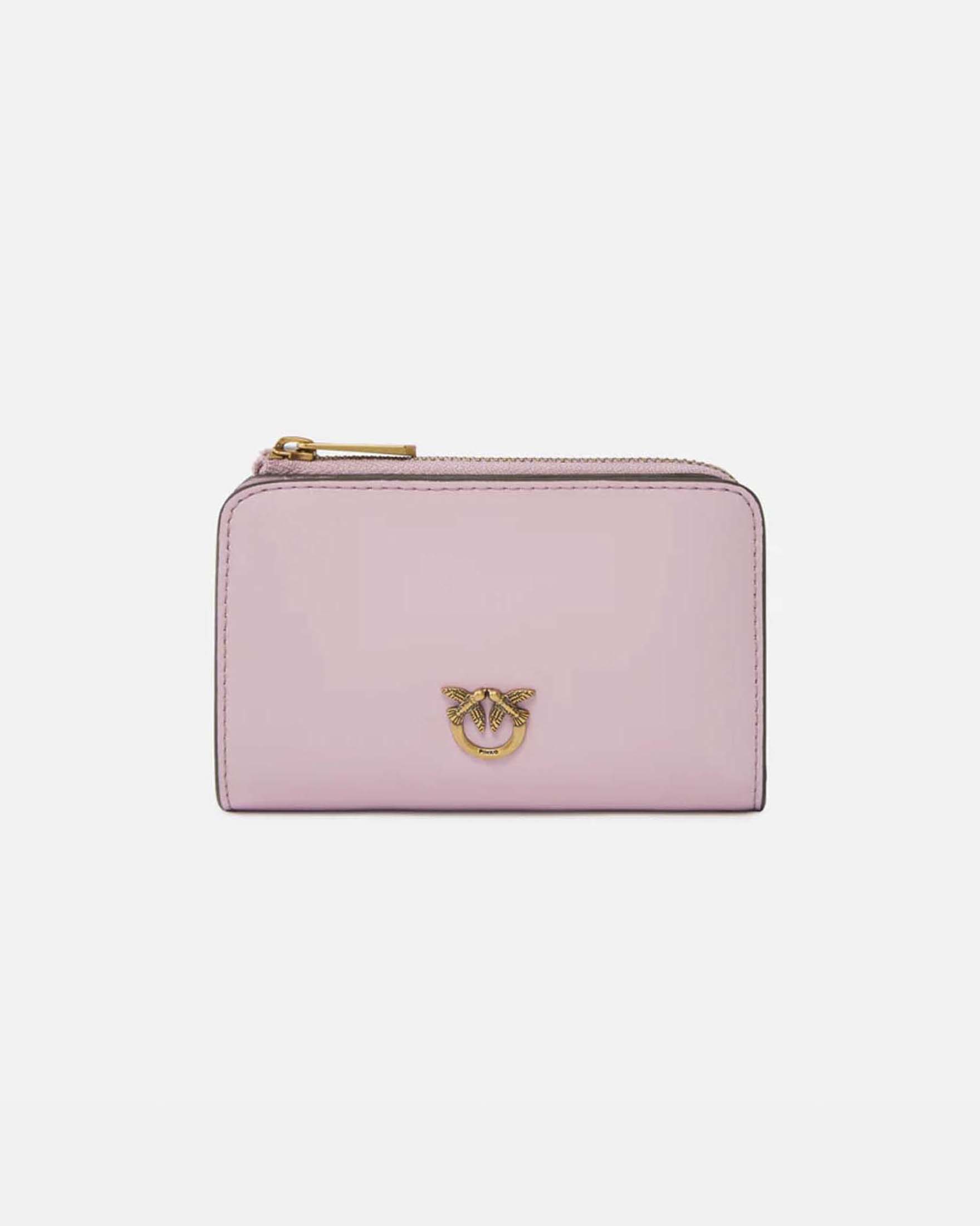 Portafoglio mini in pelle rosa Pinko con zip e logo Love Birds dorato
