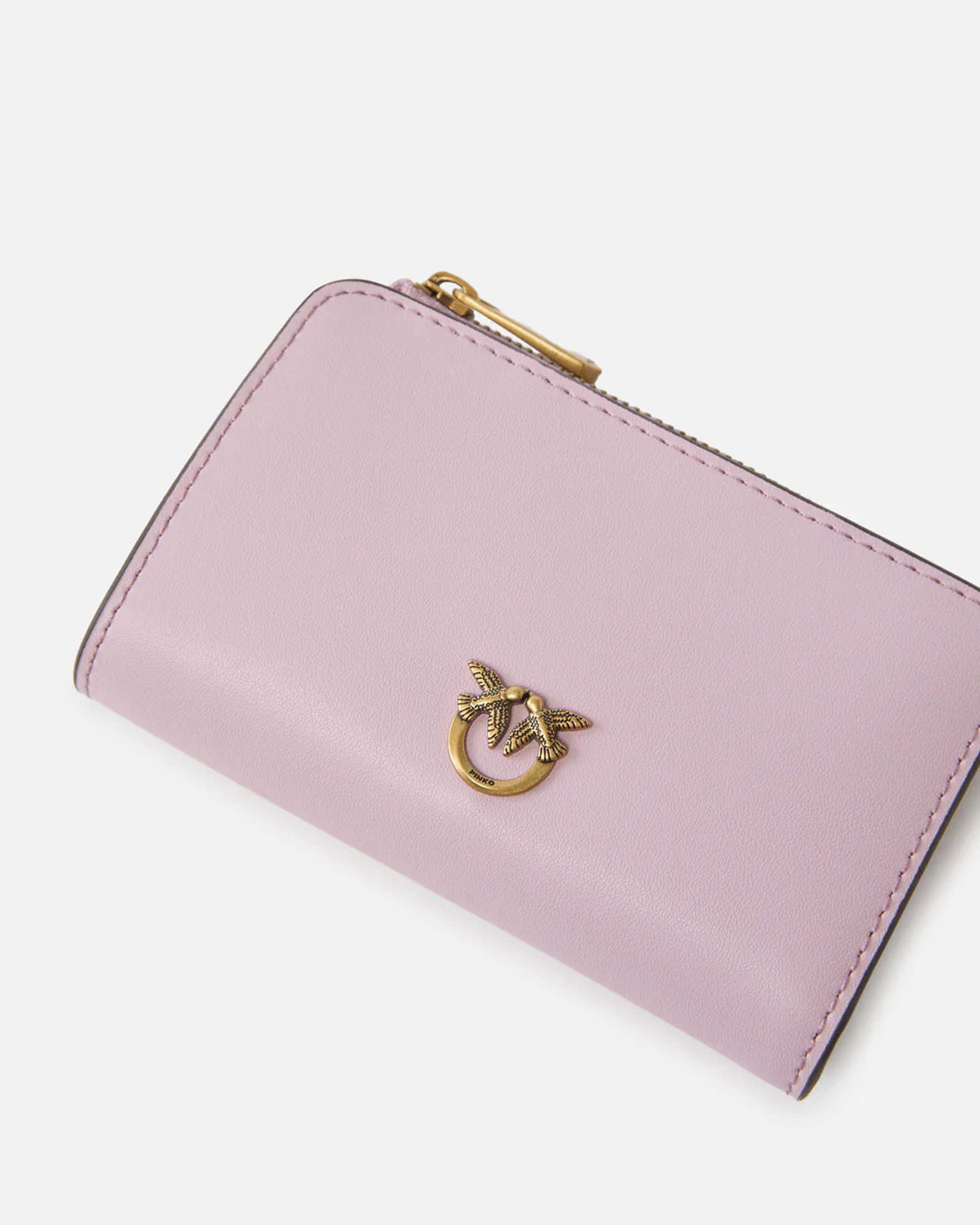 Portafoglio mini in pelle rosa Pinko con zip e logo Love Birds dorato image