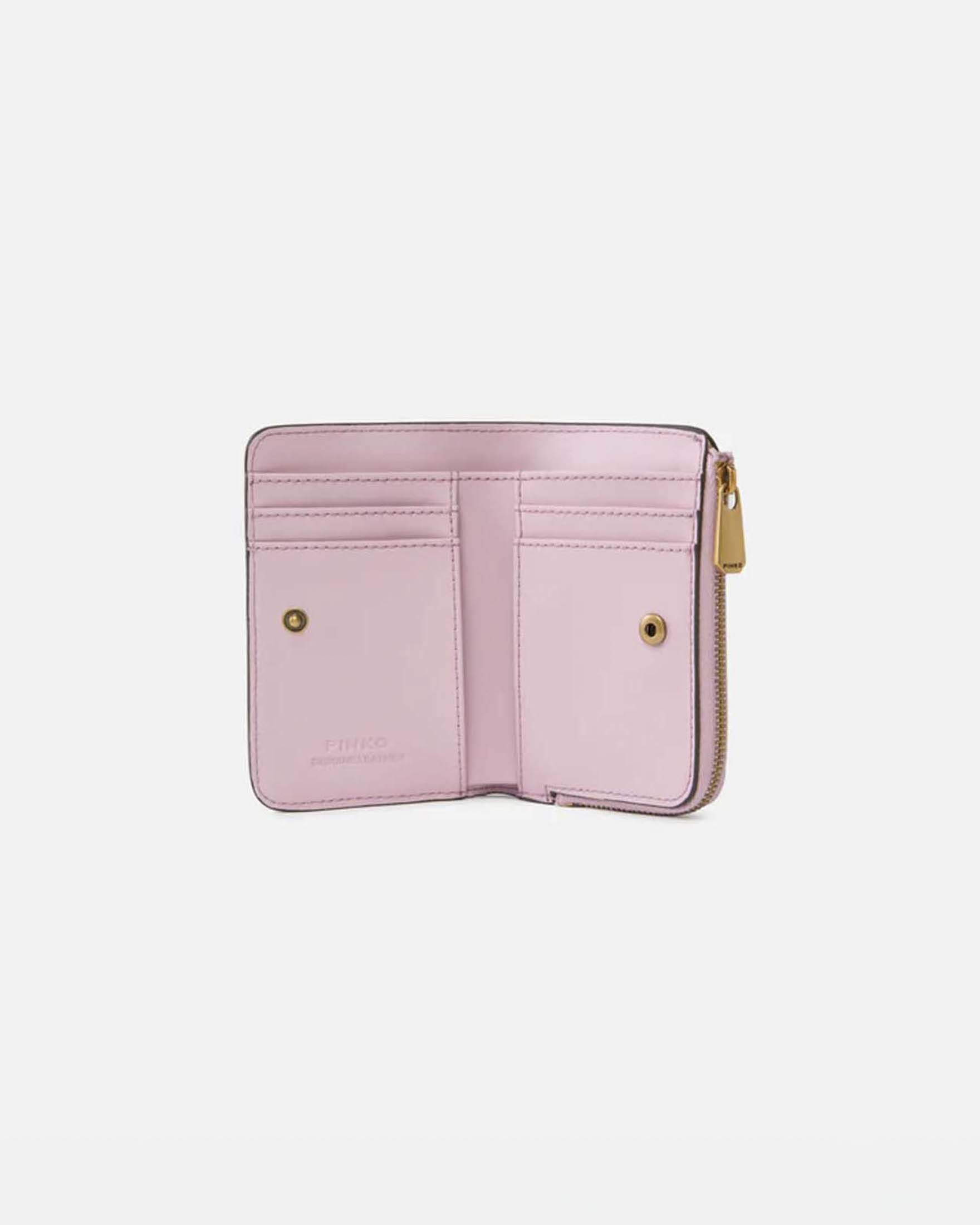 Portafoglio mini in pelle rosa Pinko con zip e logo Love Birds dorato