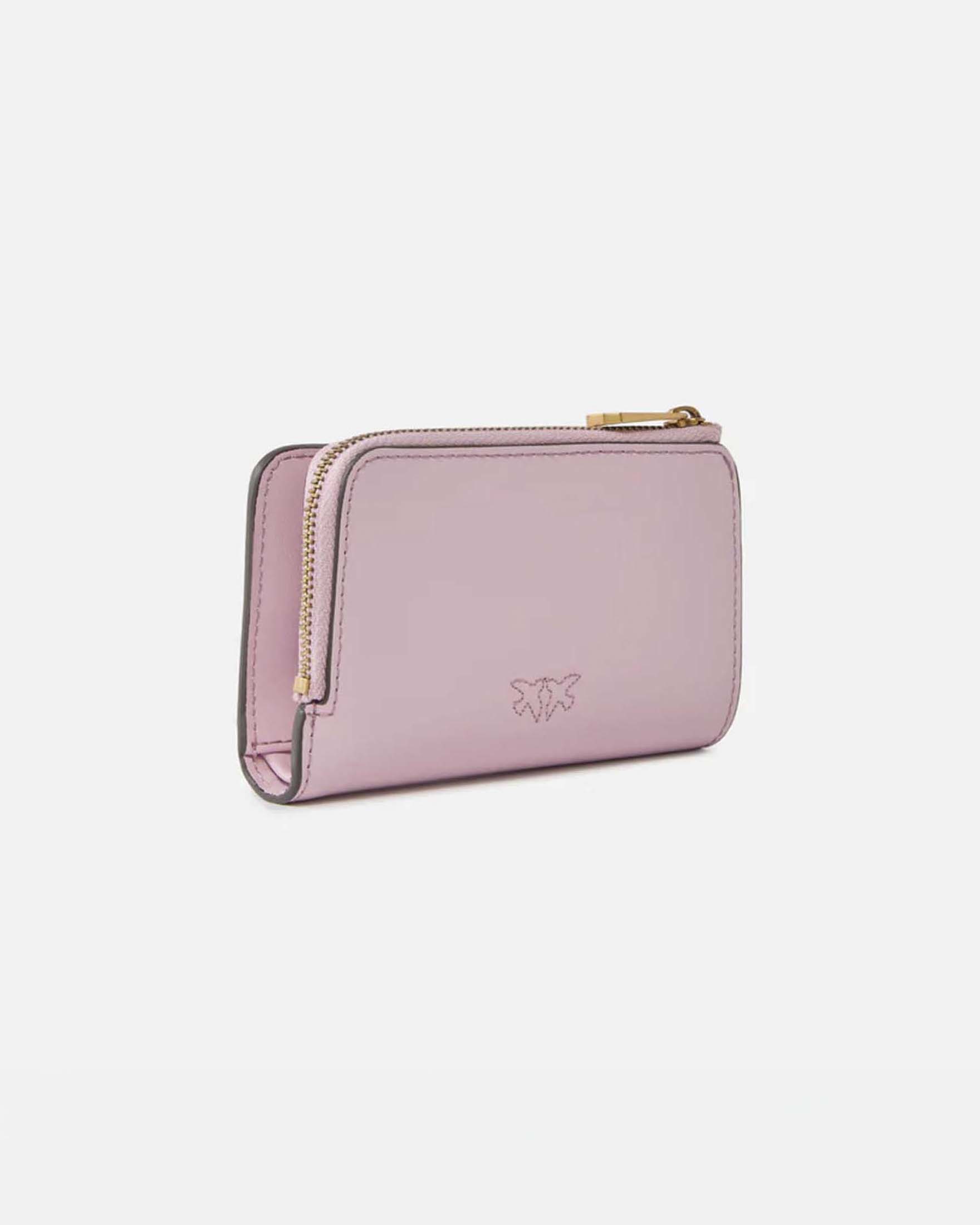 Portafoglio mini in pelle rosa Pinko con zip e logo Love Birds dorato
