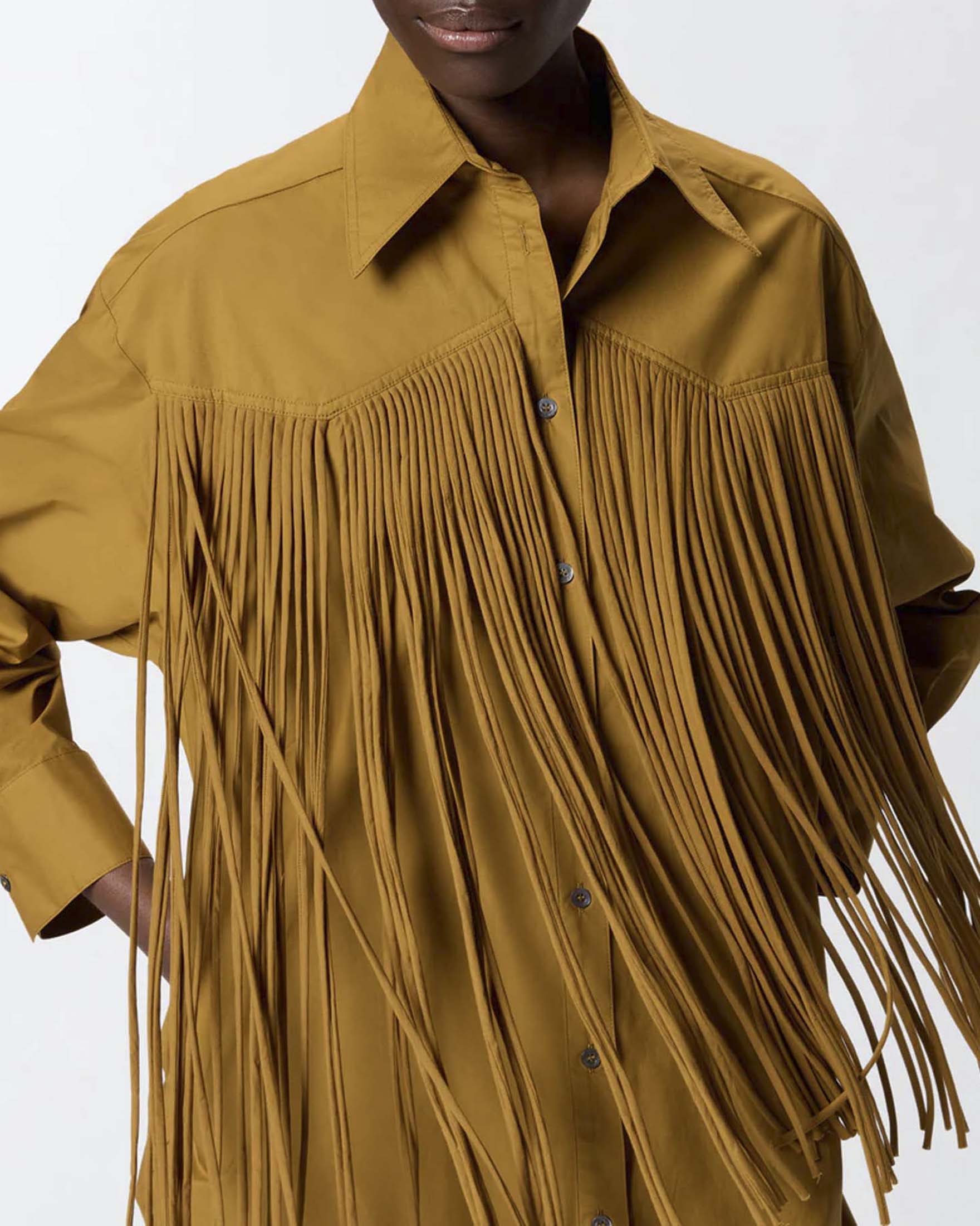 Abito corto chemisier Pinko color khaki in popeline di cotone con frange stile texano image