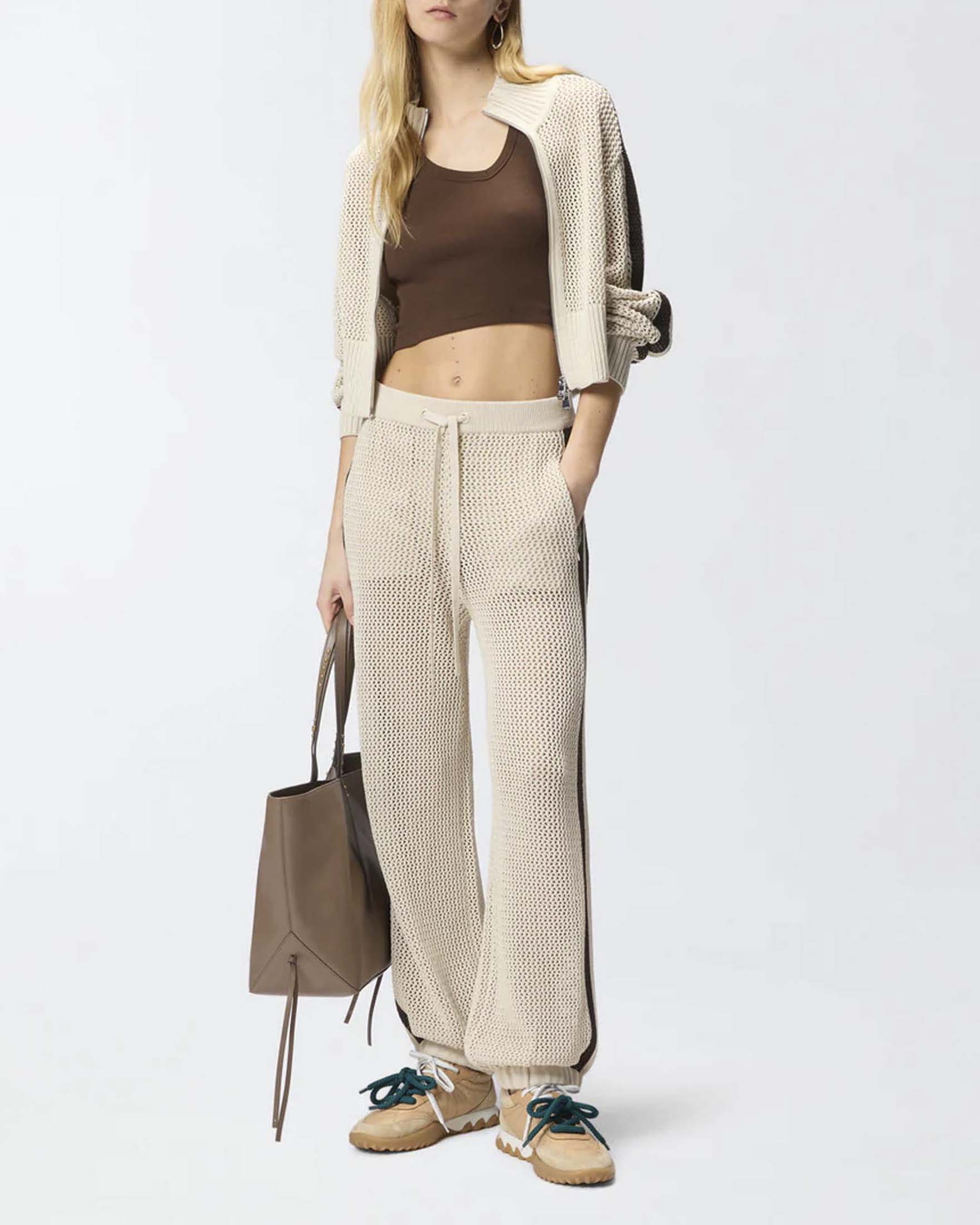 Canotta cropped Pinko marrone in cotone stretch a costine con scollo asimmetrico image
