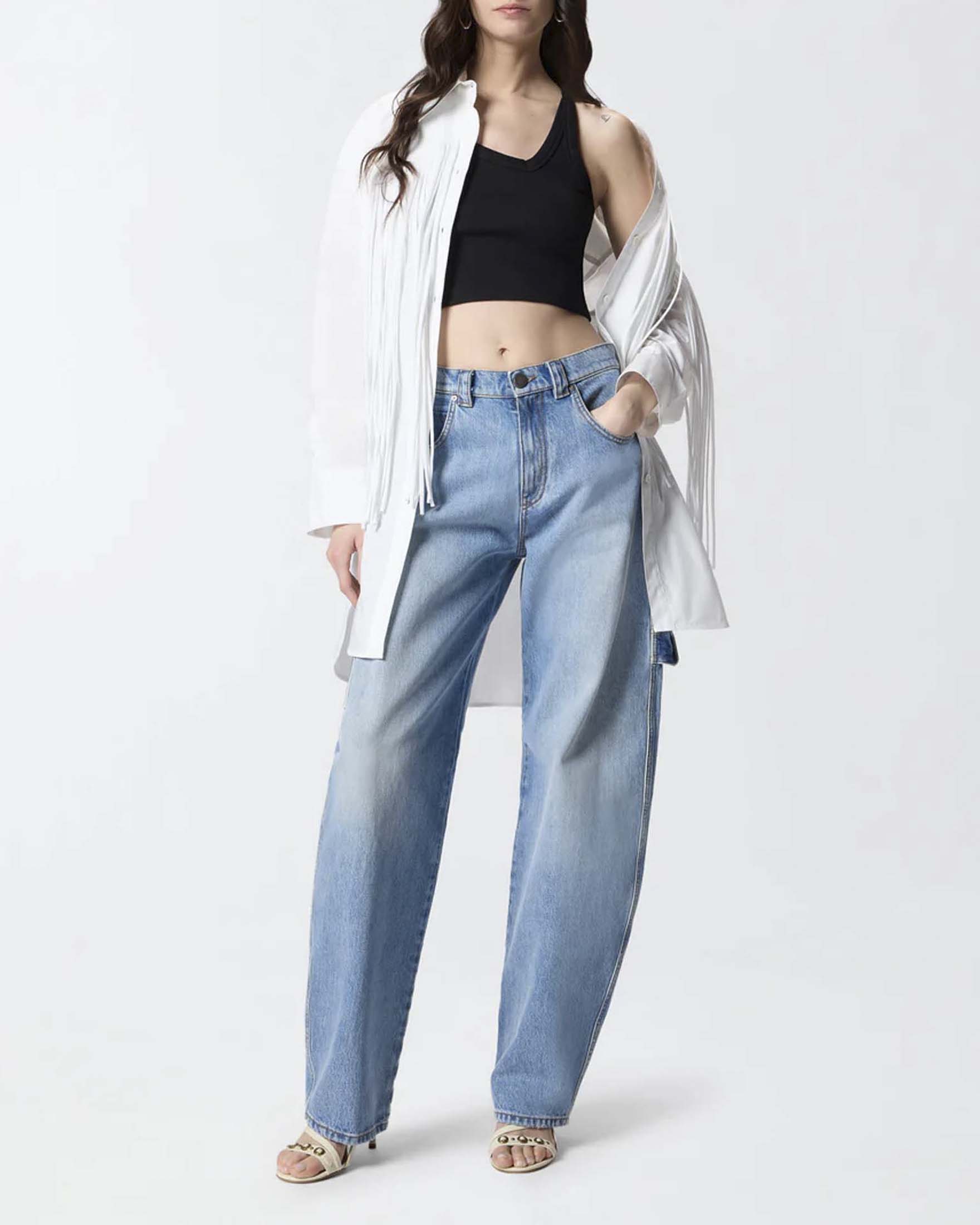 Canotta cropped Pinko nera in cotone stretch a costine con scollo asimmetrico
