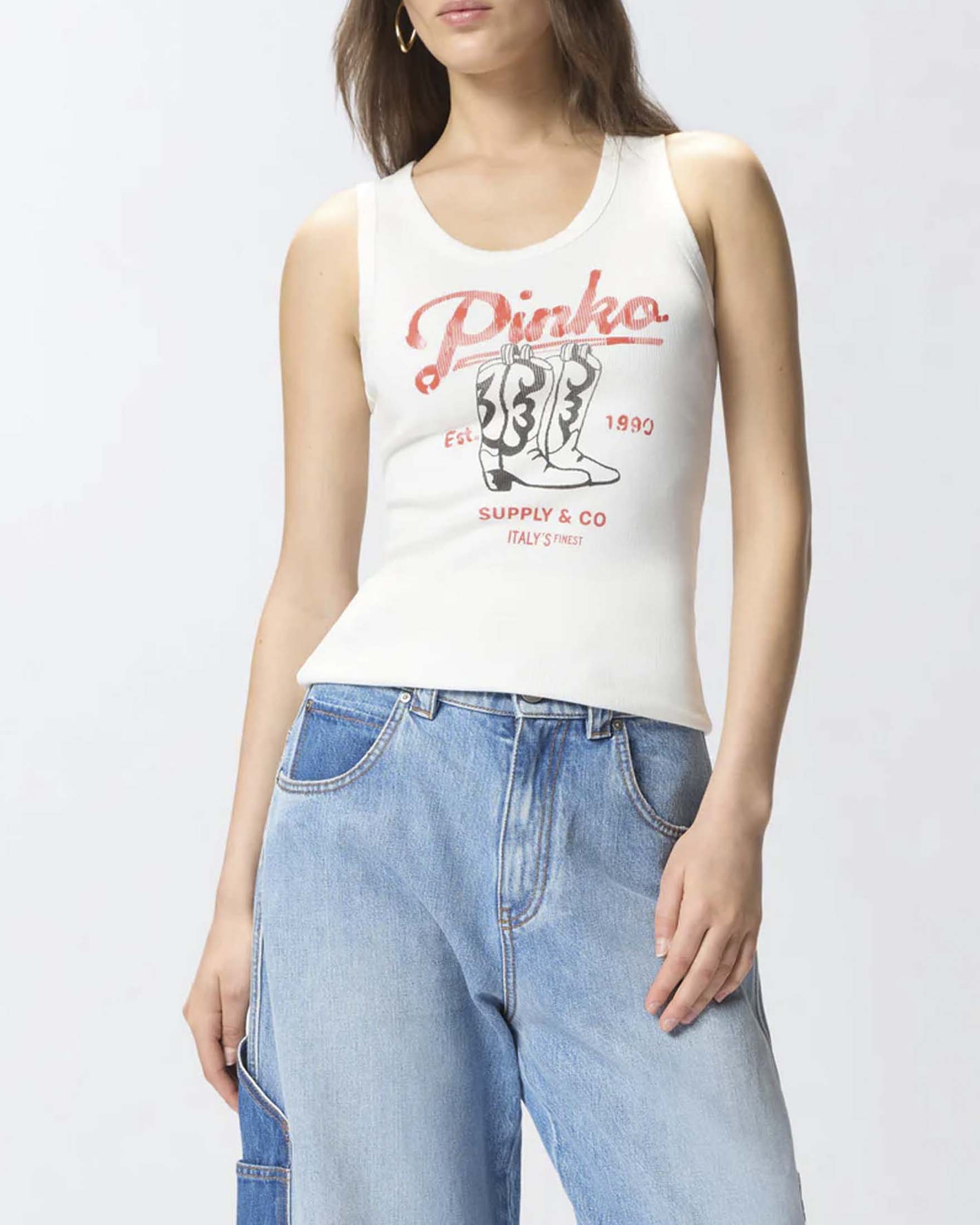 Canotta bianca Pinko in cotone stretch a costine con stampa effetto vintage