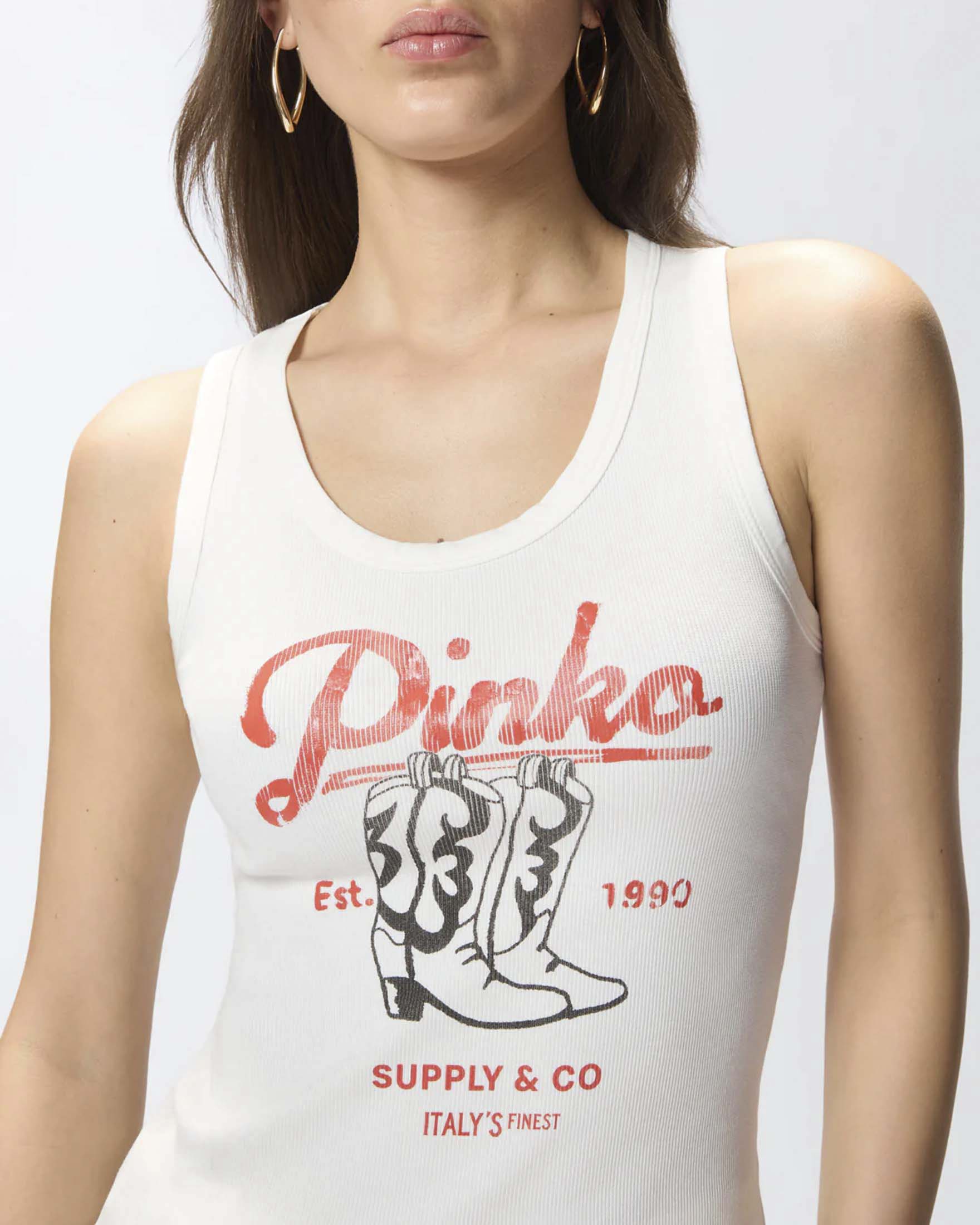 Canotta bianca Pinko in cotone stretch a costine con stampa effetto vintage