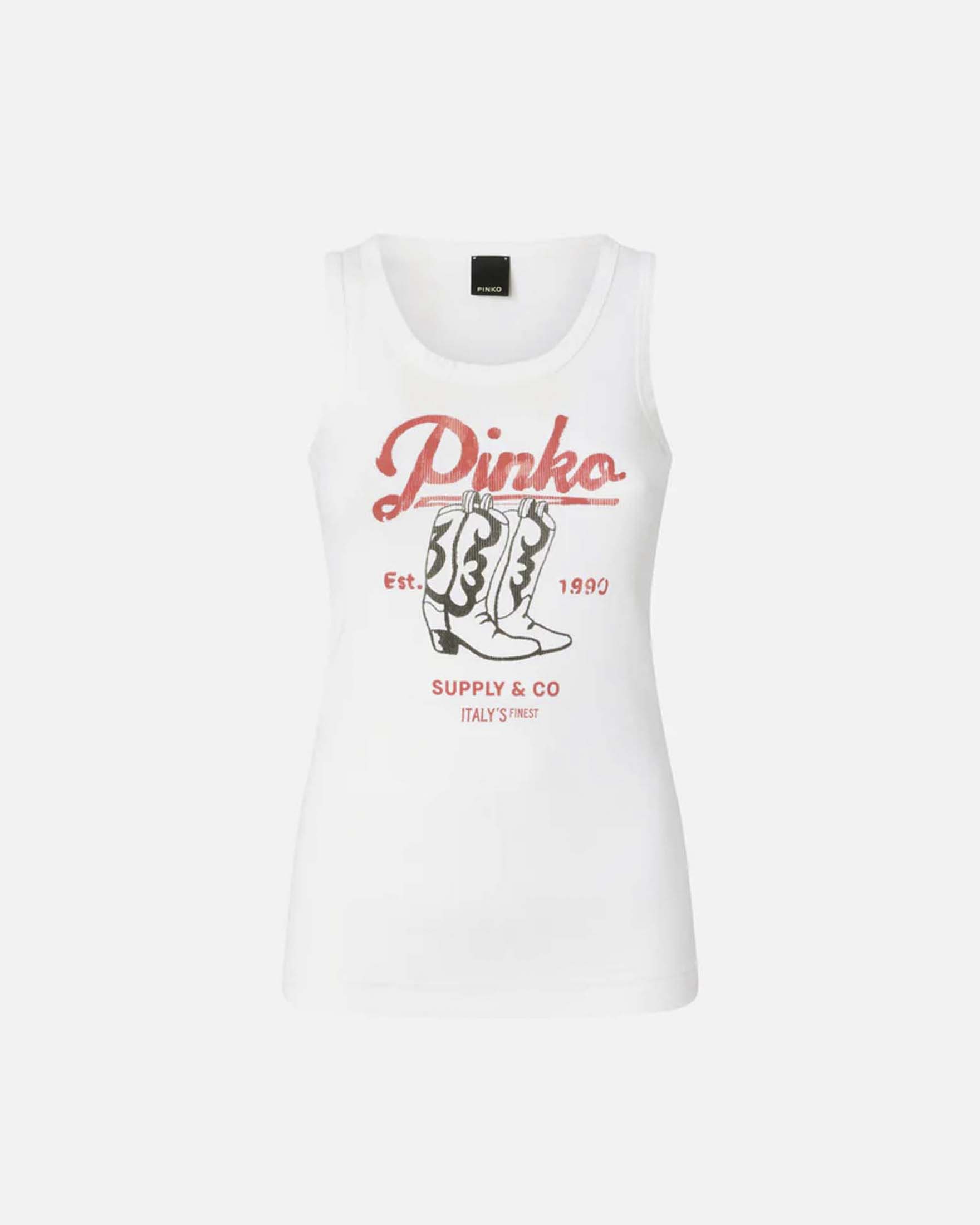 Canotta bianca Pinko in cotone stretch a costine con stampa effetto vintage