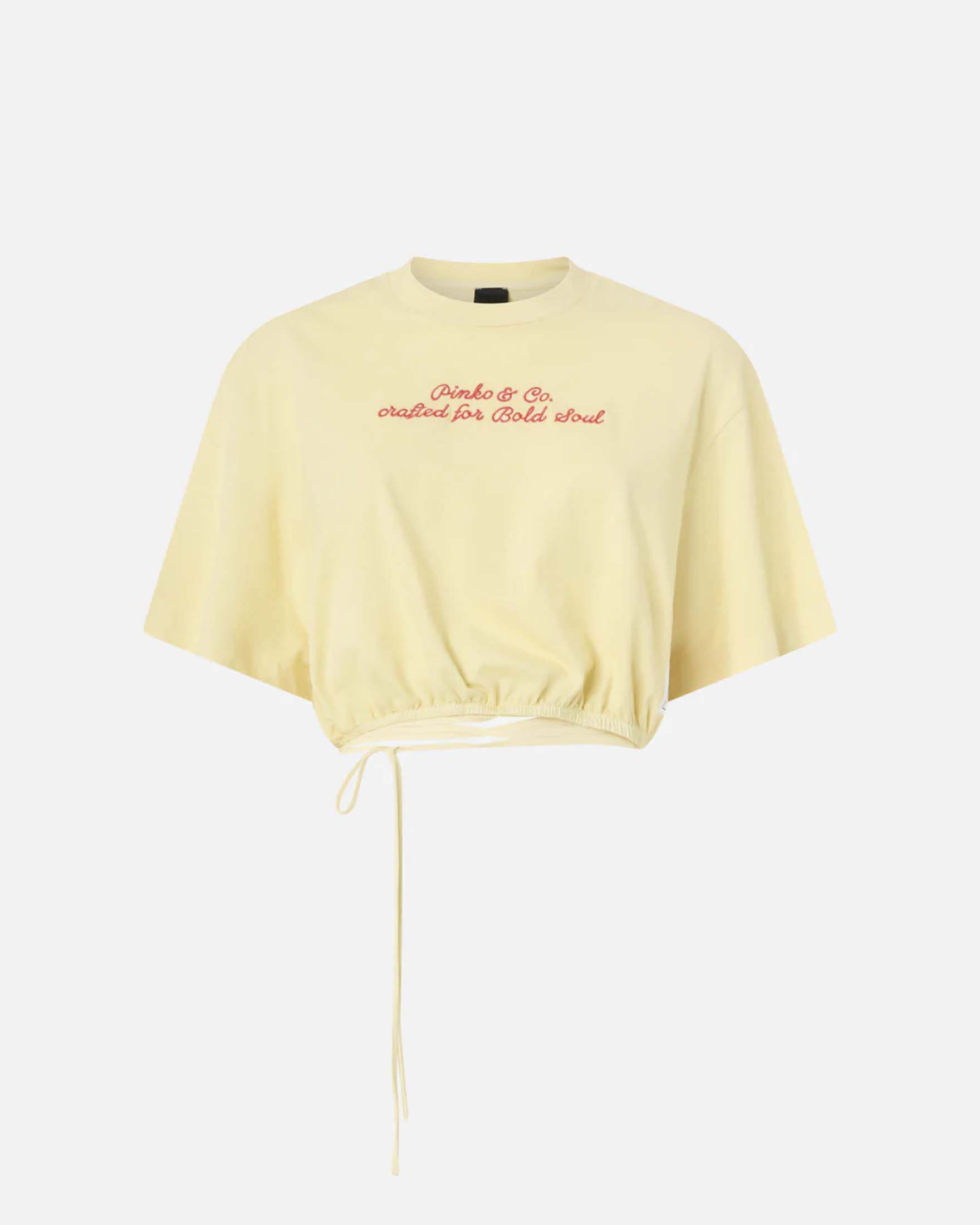 Crop top a mezza manica Pinko color burro in cotone con ricamo logo e stampa sul retro