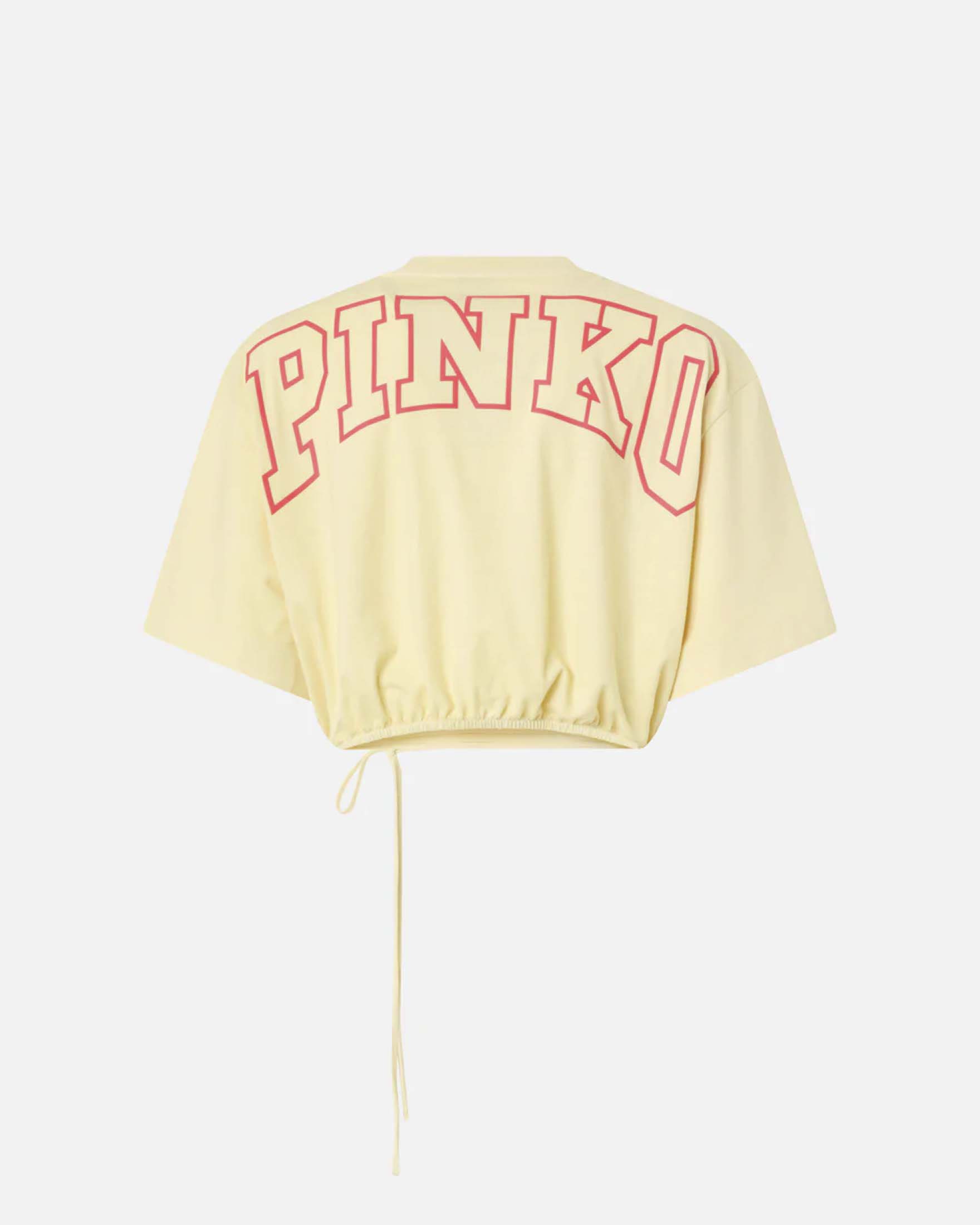 Crop top a mezza manica Pinko color burro in cotone con ricamo logo e stampa sul retro