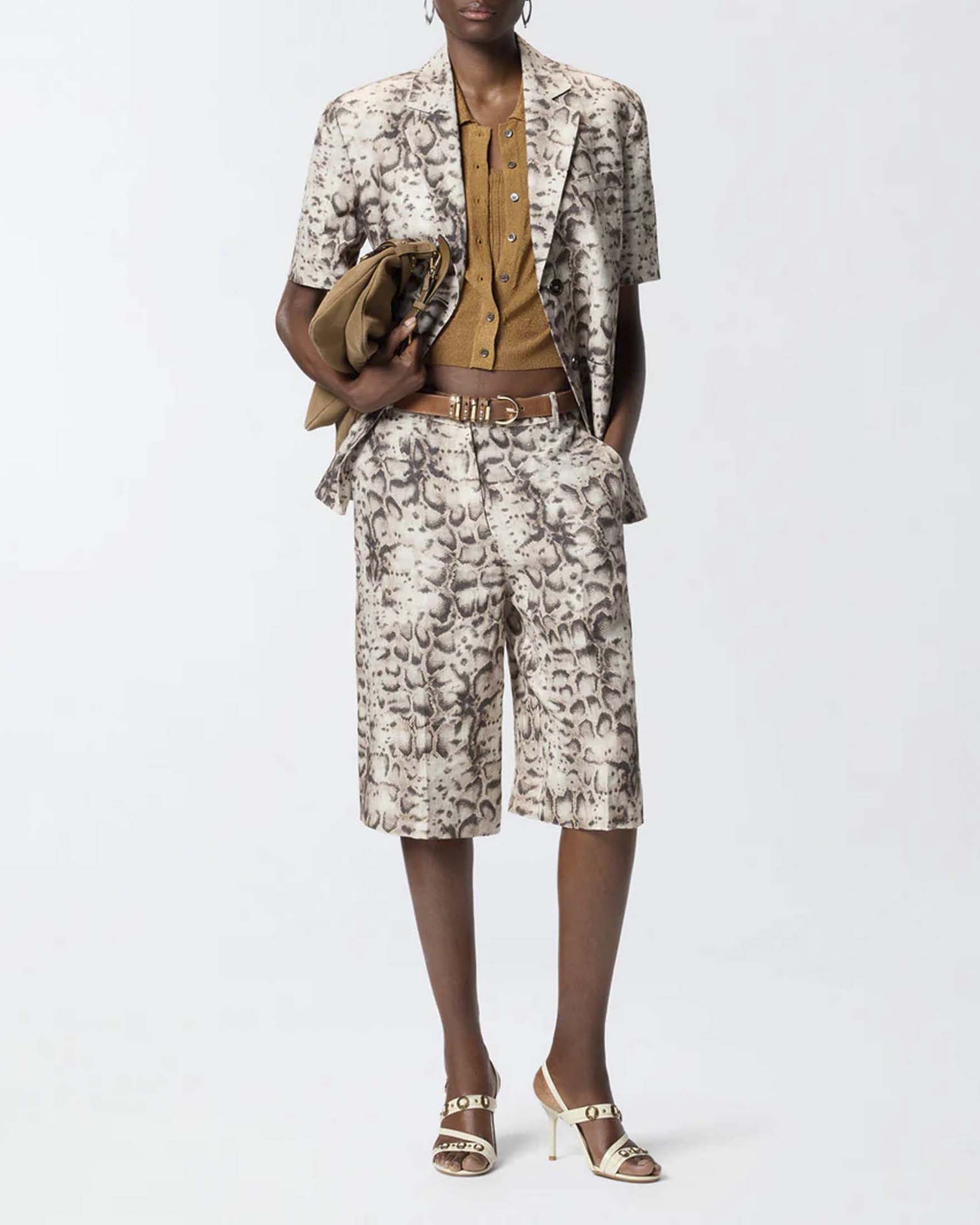 Cardigan cropped oro Pinko a mezza manica con colletto a camicia