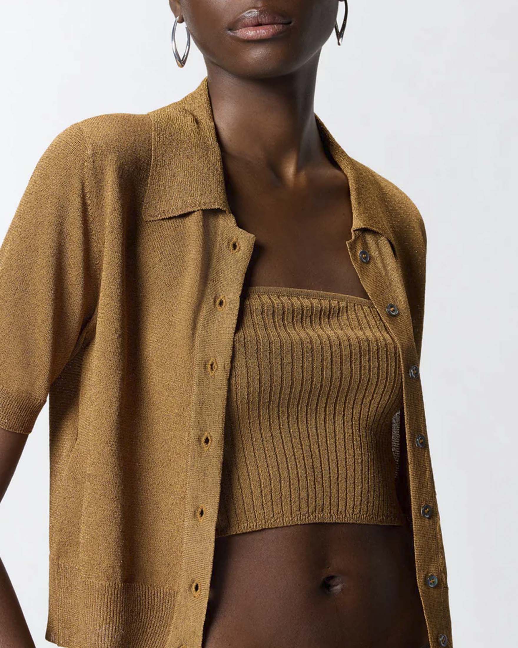 Cardigan cropped oro Pinko a mezza manica con colletto a camicia