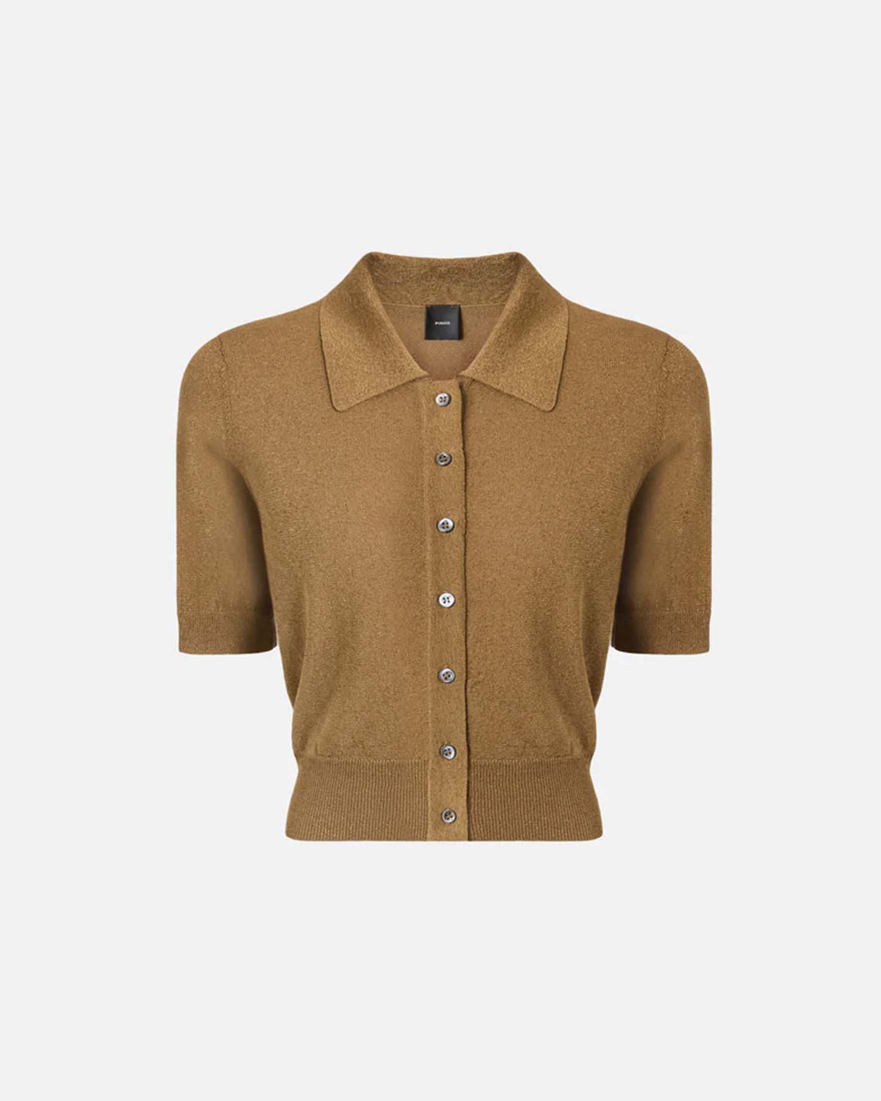 Cardigan cropped oro Pinko a mezza manica con colletto a camicia