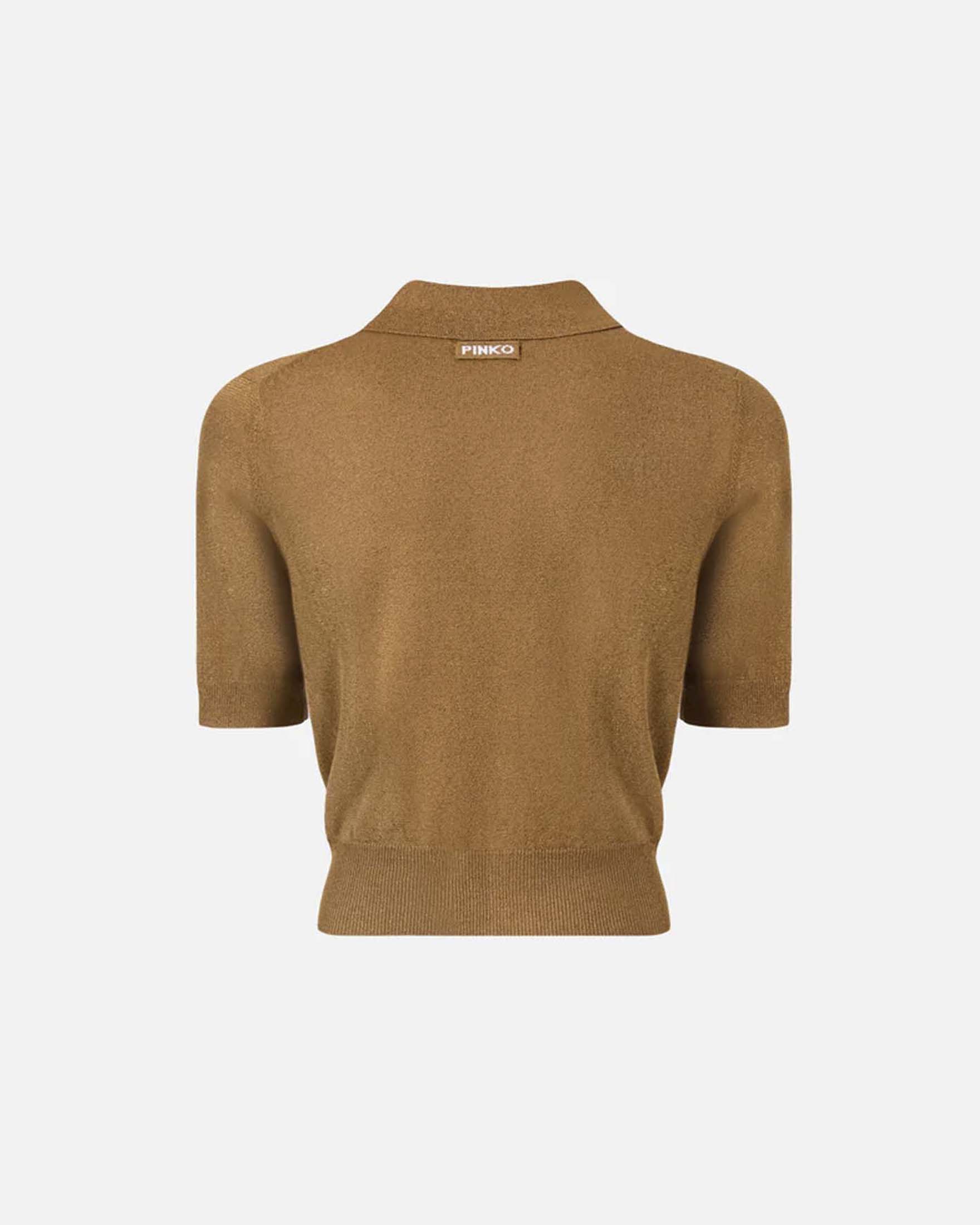 Cardigan cropped oro Pinko a mezza manica con colletto a camicia