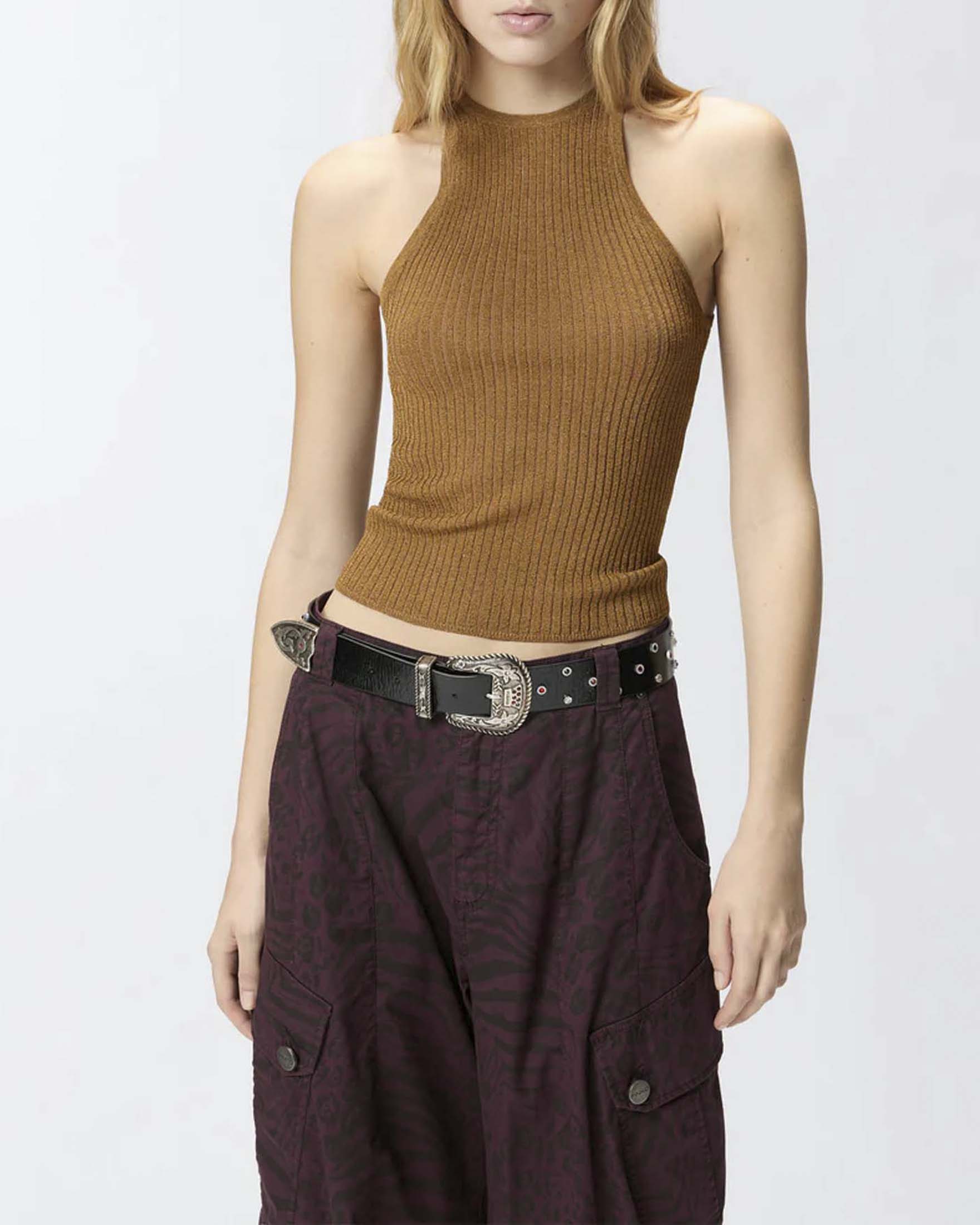 Top Pinko oro in misto viscosa e filo metallizzato a costine con scollo all'americana
