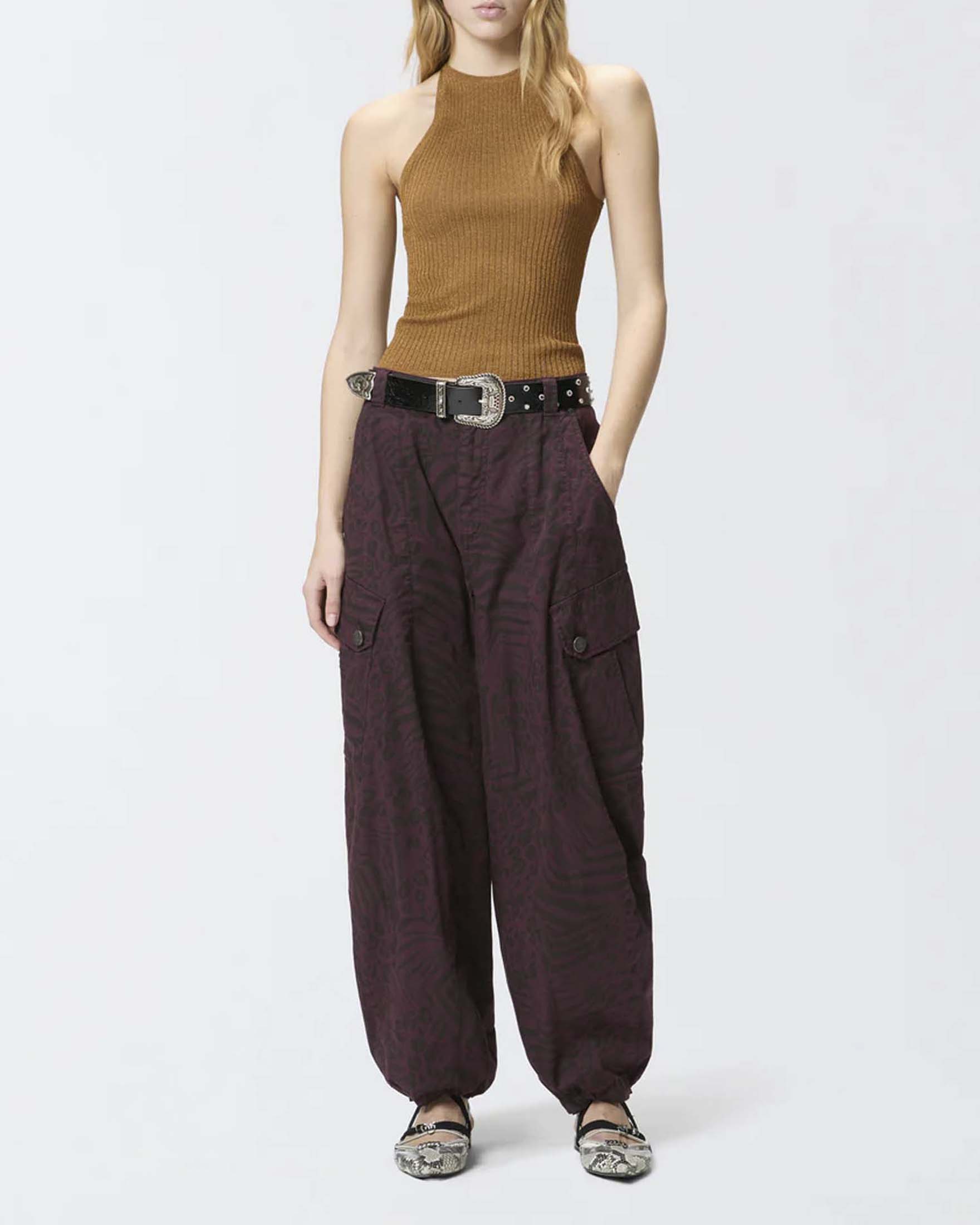 Top Pinko oro in misto viscosa e filo metallizzato a costine con scollo all'americana