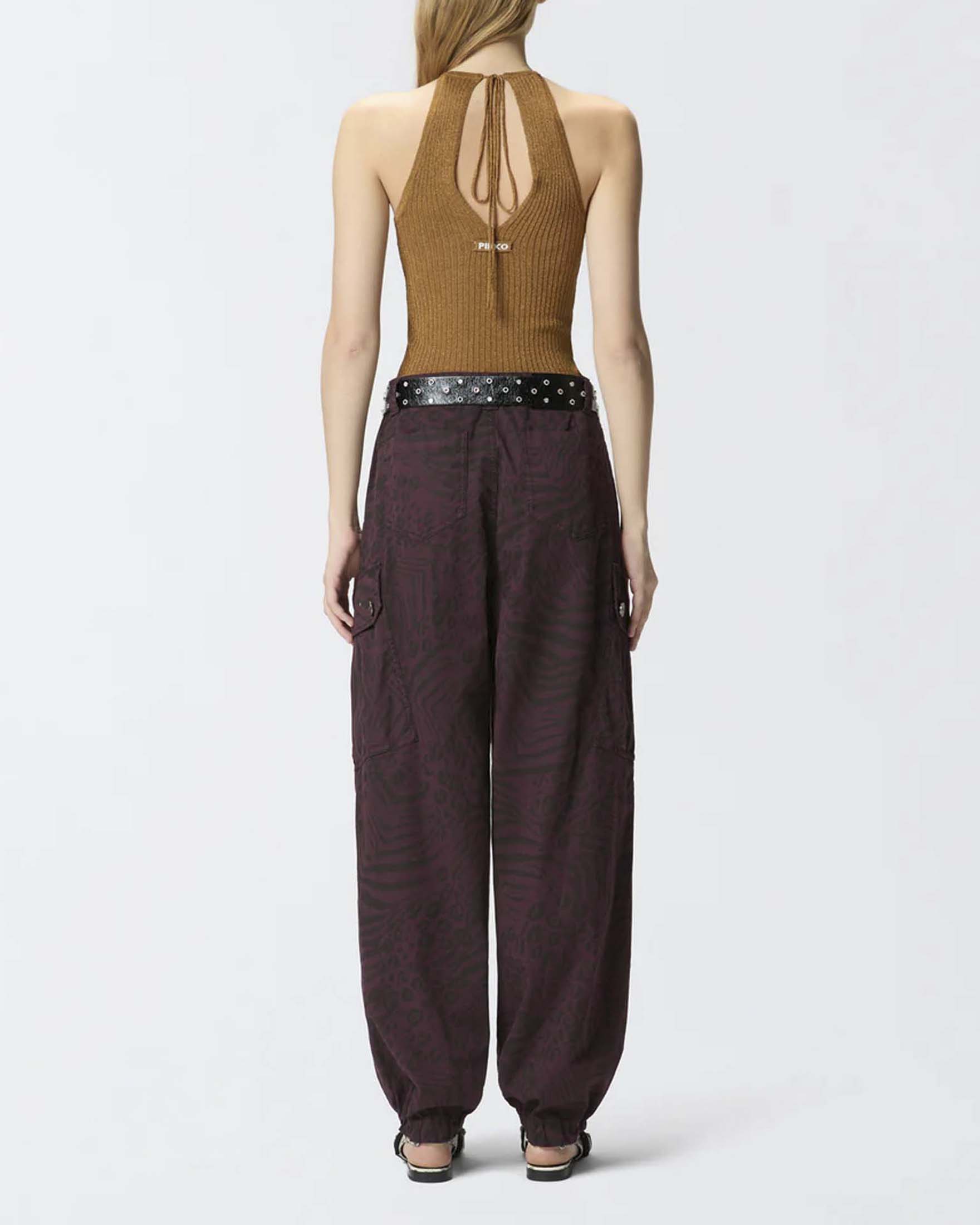 Top Pinko oro in misto viscosa e filo metallizzato a costine con scollo all'americana