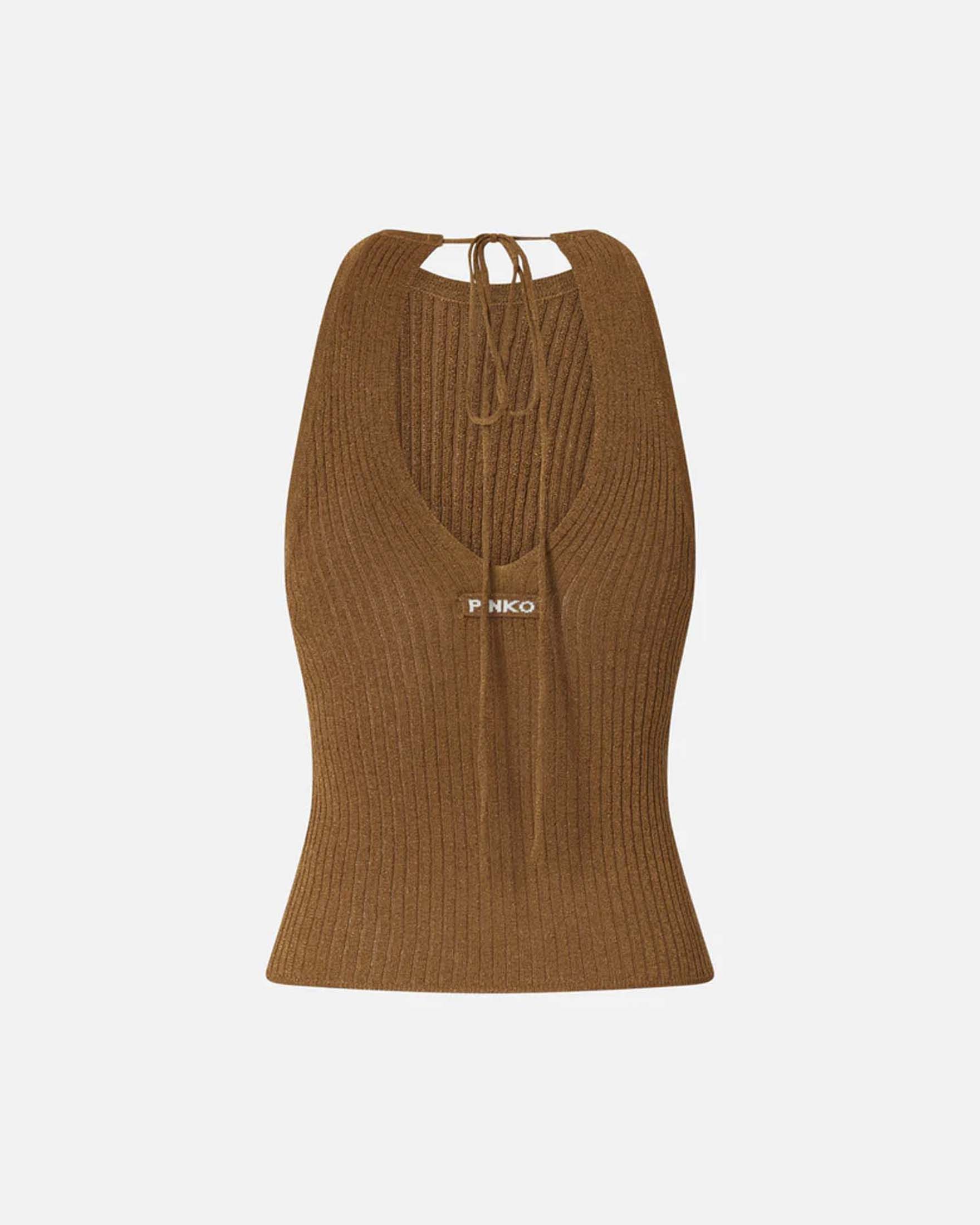 Top Pinko oro in misto viscosa e filo metallizzato a costine con scollo all'americana