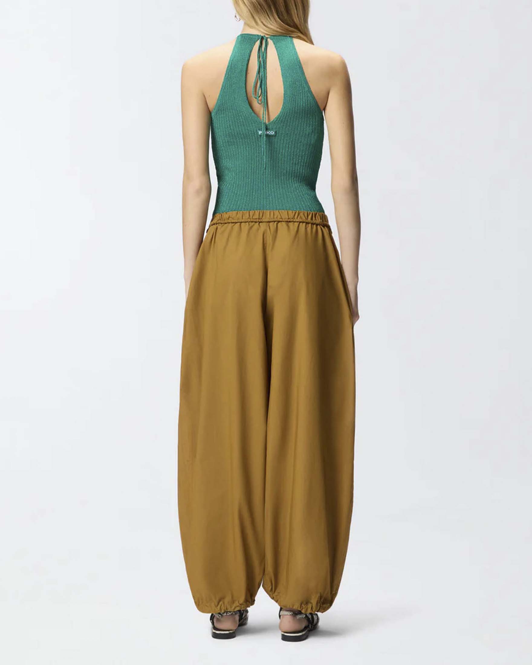 Top Pinko verde in misto viscosa e filo metallizzato a costine con scollo all'americana