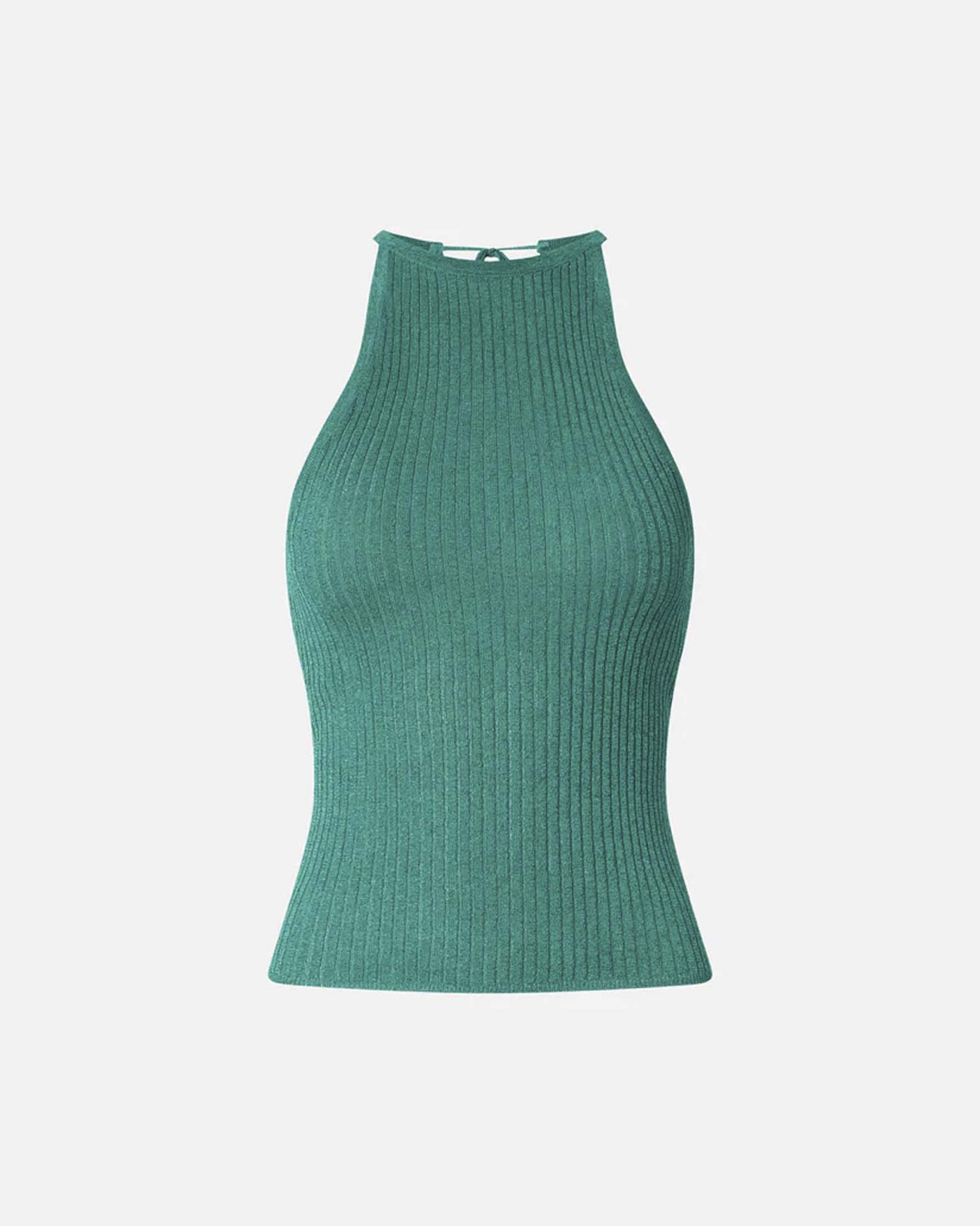 Top Pinko verde in misto viscosa e filo metallizzato a costine con scollo all'americana