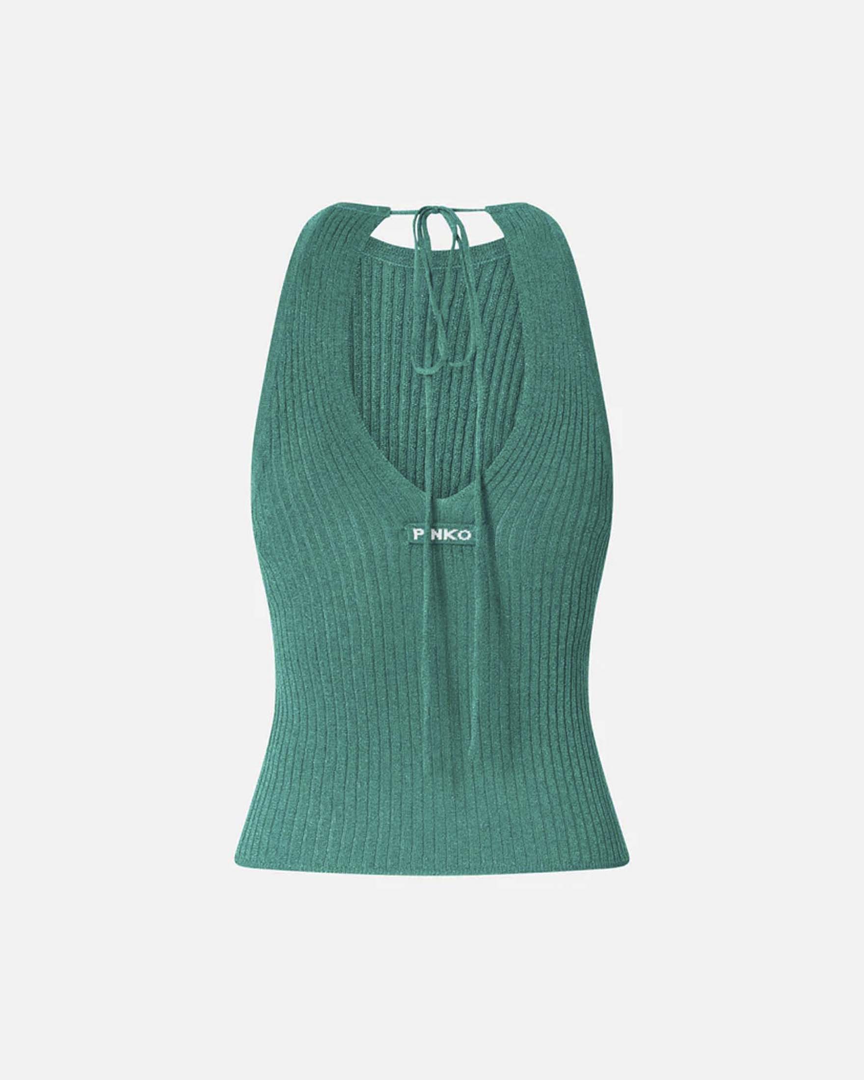 Top Pinko verde in misto viscosa e filo metallizzato a costine con scollo all'americana
